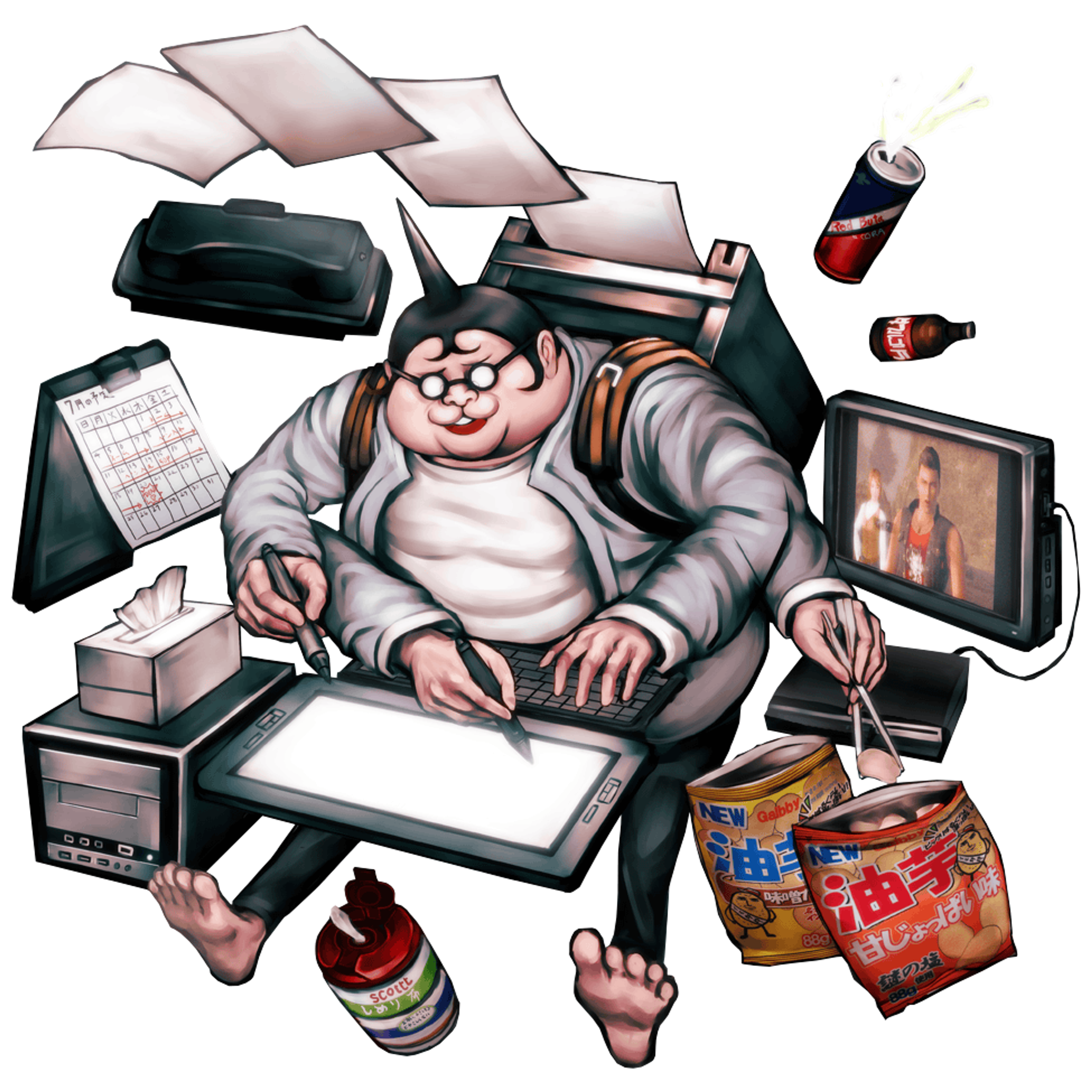 An overweight, bespectacled young man sitting at a desk surrounded by electronics and papers, suggesting his passion for fanfiction and illustrations.