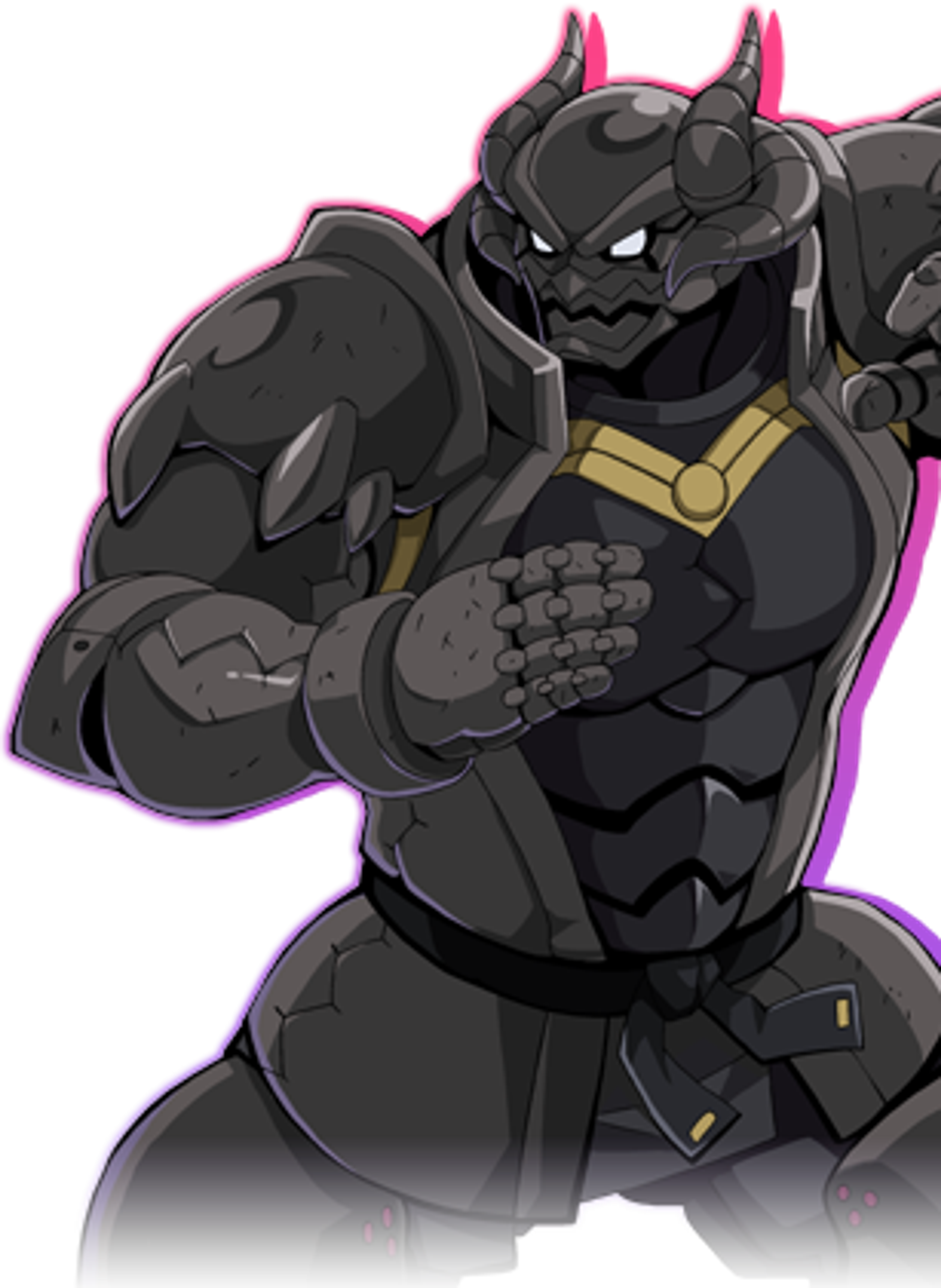 A powerful, demonic-looking humanoid character with dark gray skin, glowing red eyes, and sharp fangs, wearing a black bodysuit with gold accents.
