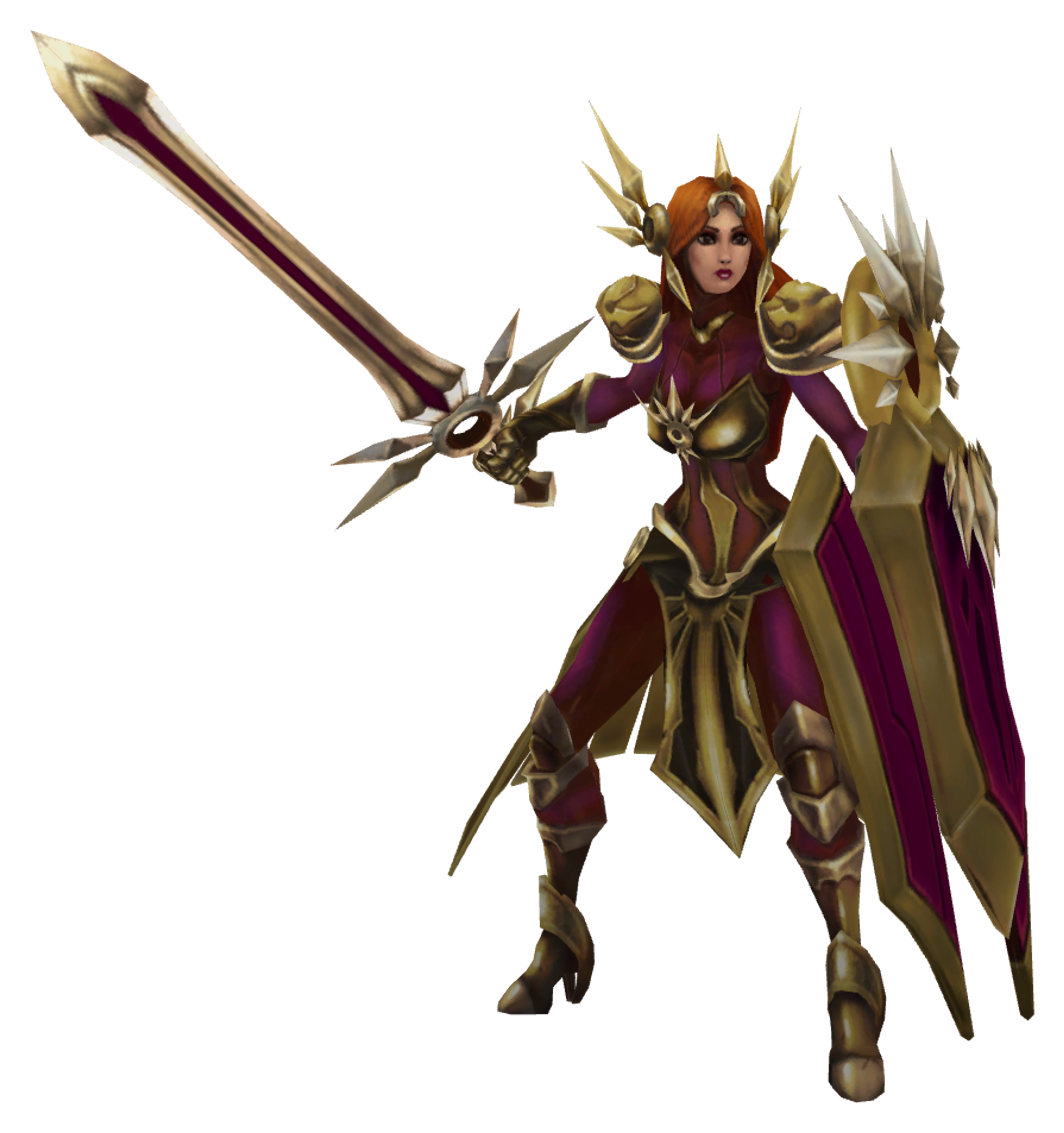 A female warrior character with golden armor and a glowing, sun-like sword