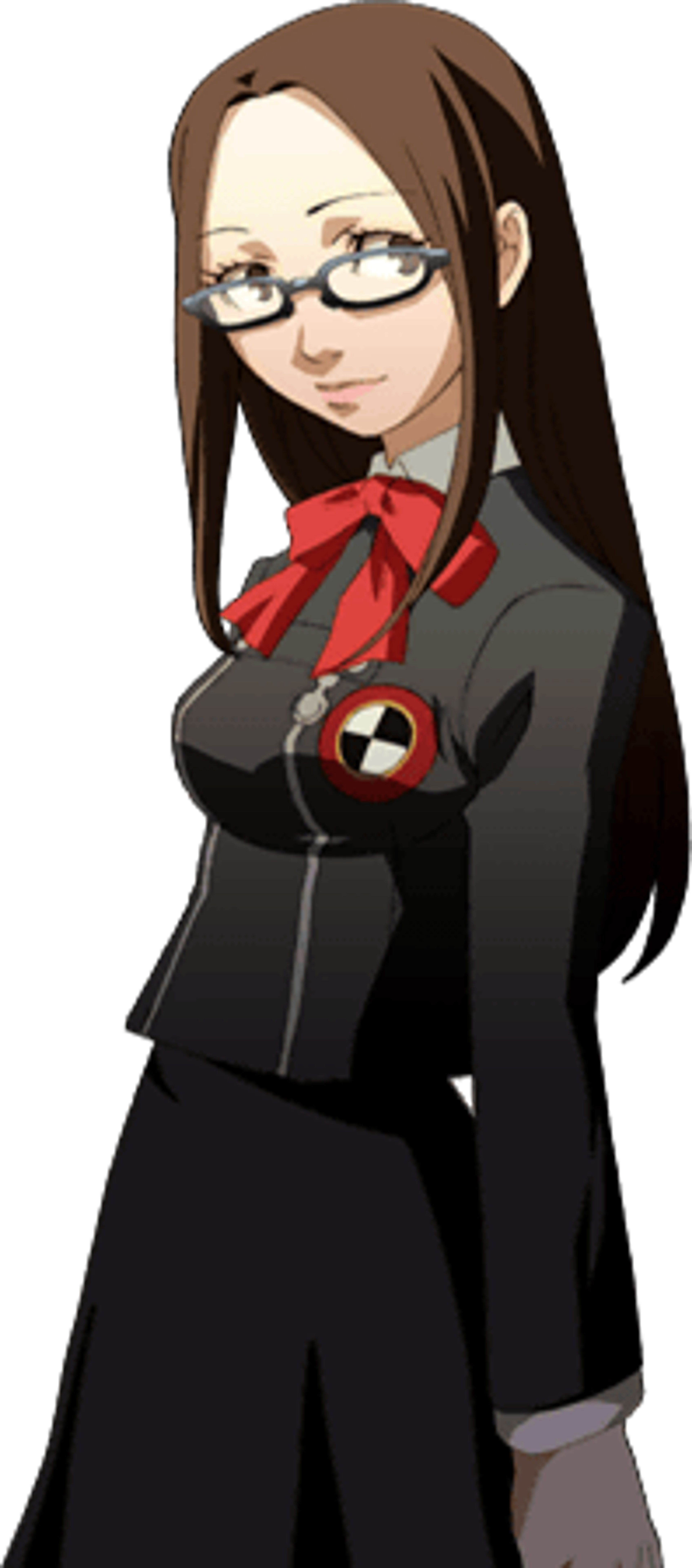 A young woman with glasses and a red bow tie wearing a black uniform