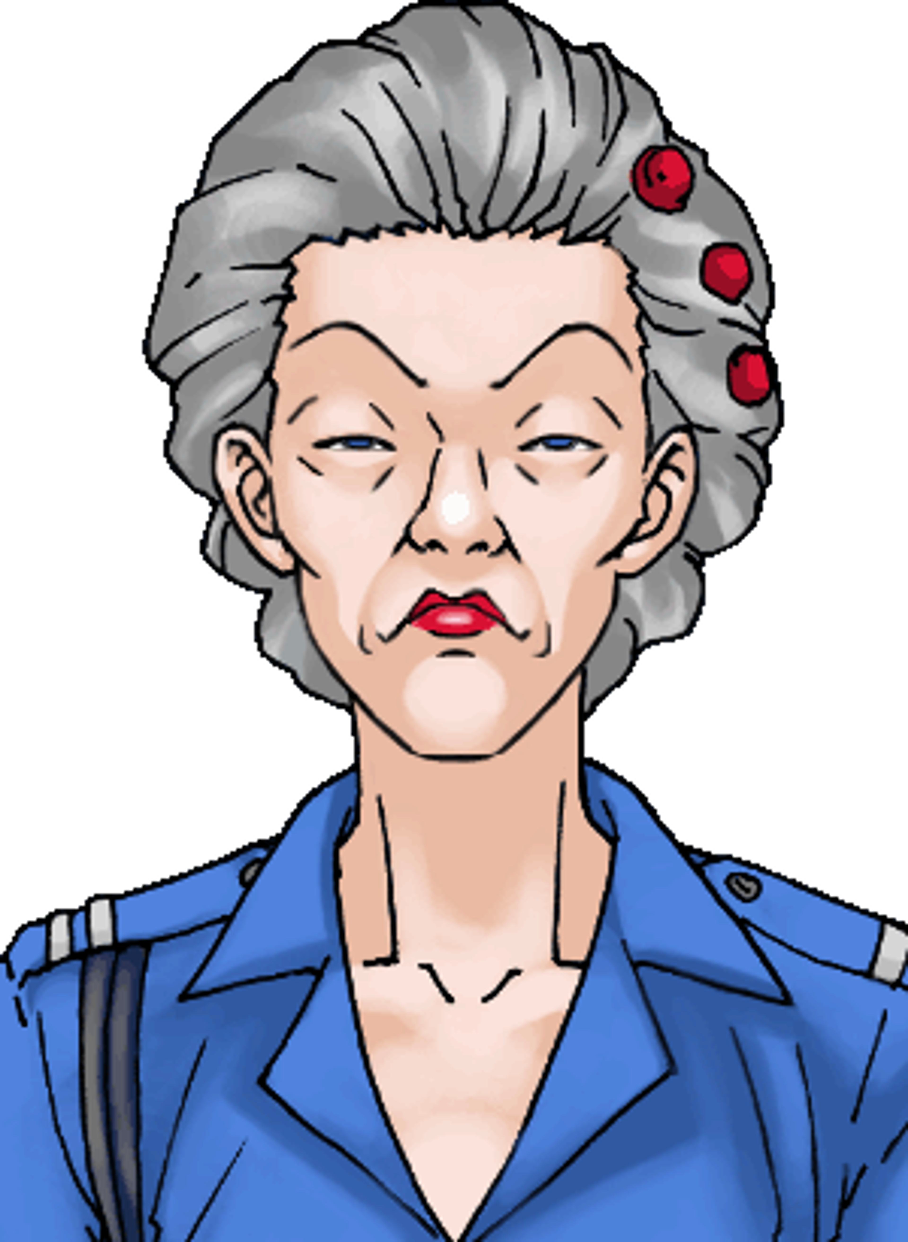 An elderly woman with gray hair in a blue uniform