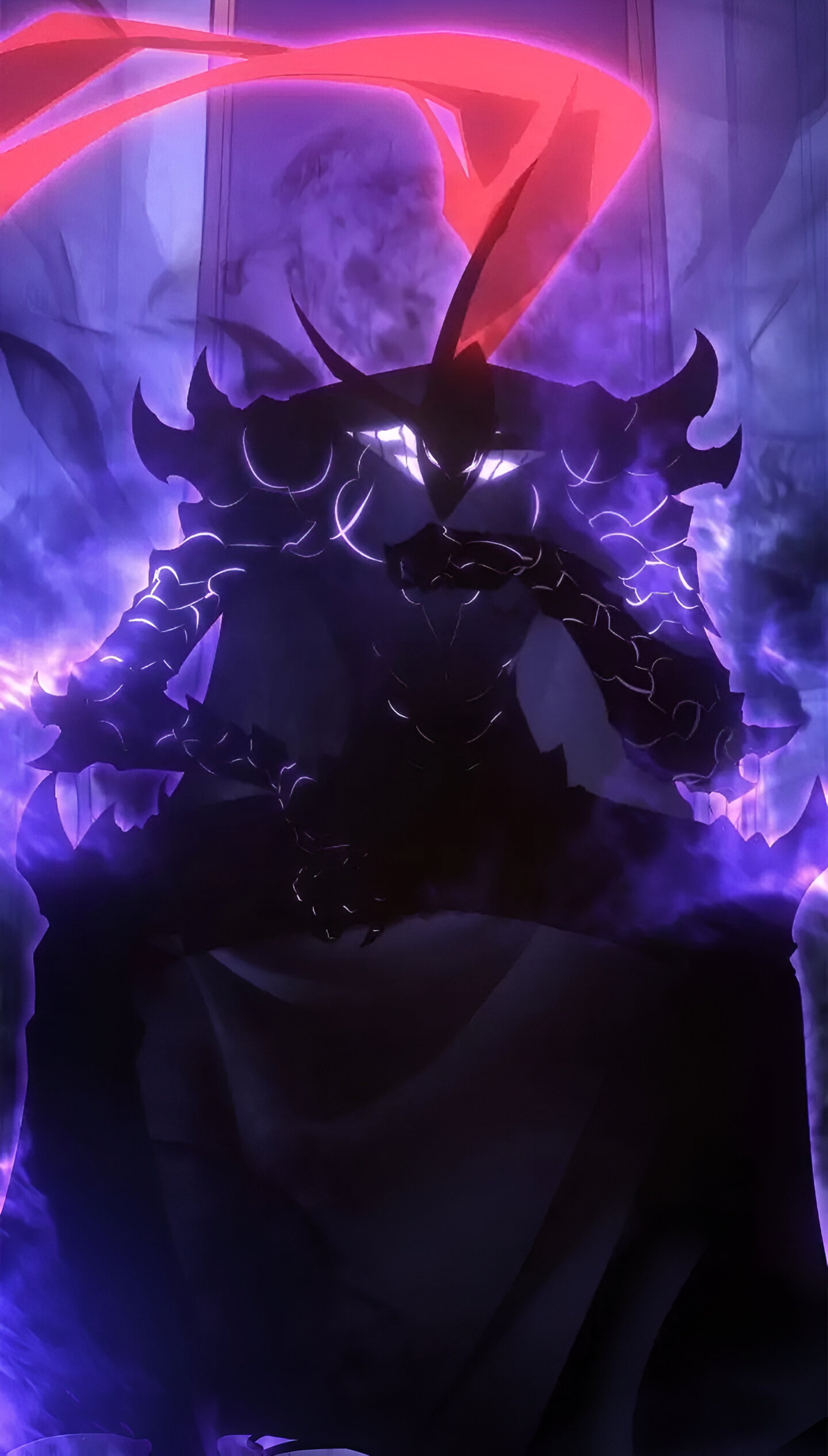 A dark knight figure in imposing black armor with a flowing red hair-like ornament