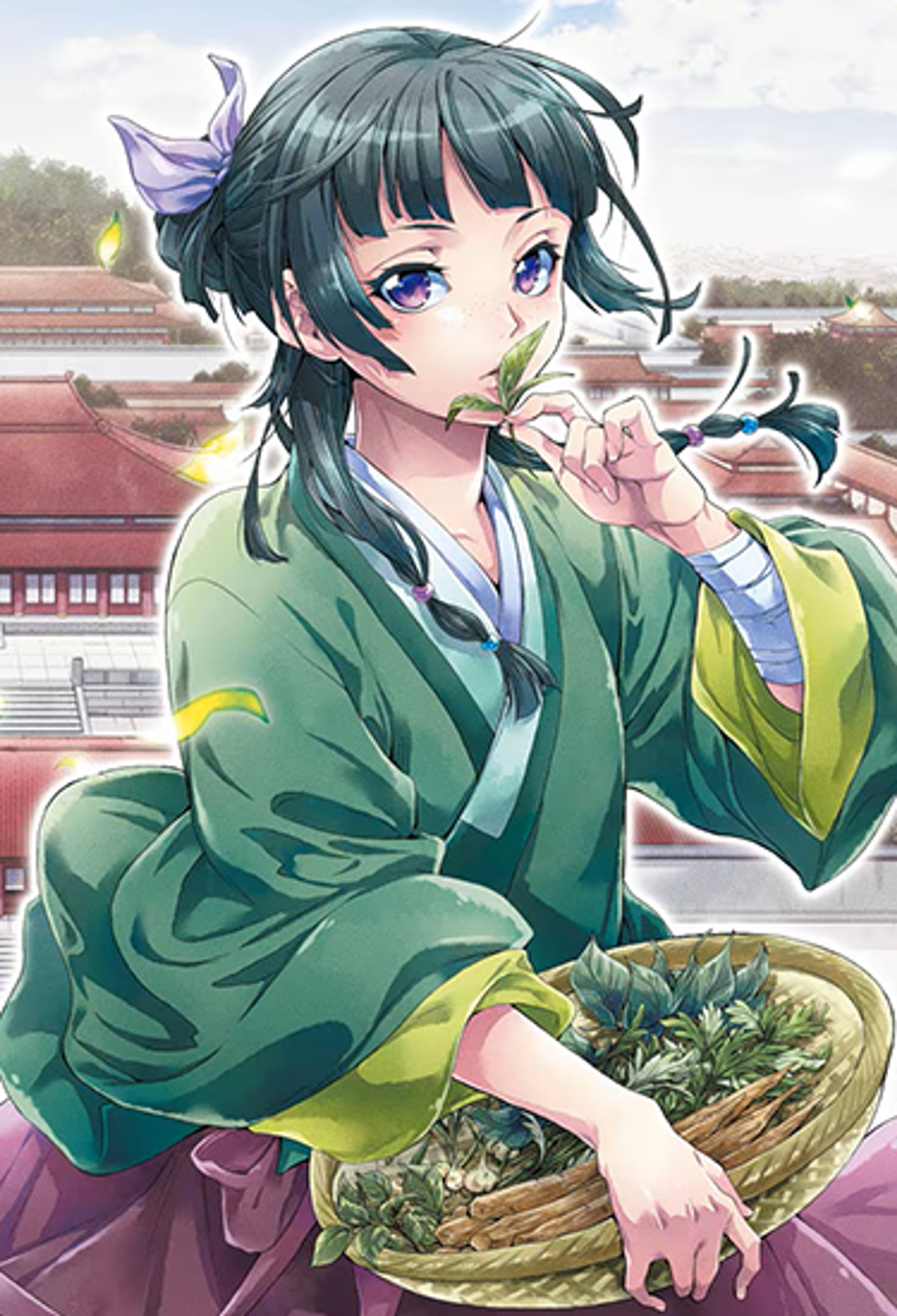 A young woman in a green kimono holding a basket of flowers in a traditional Japanese setting