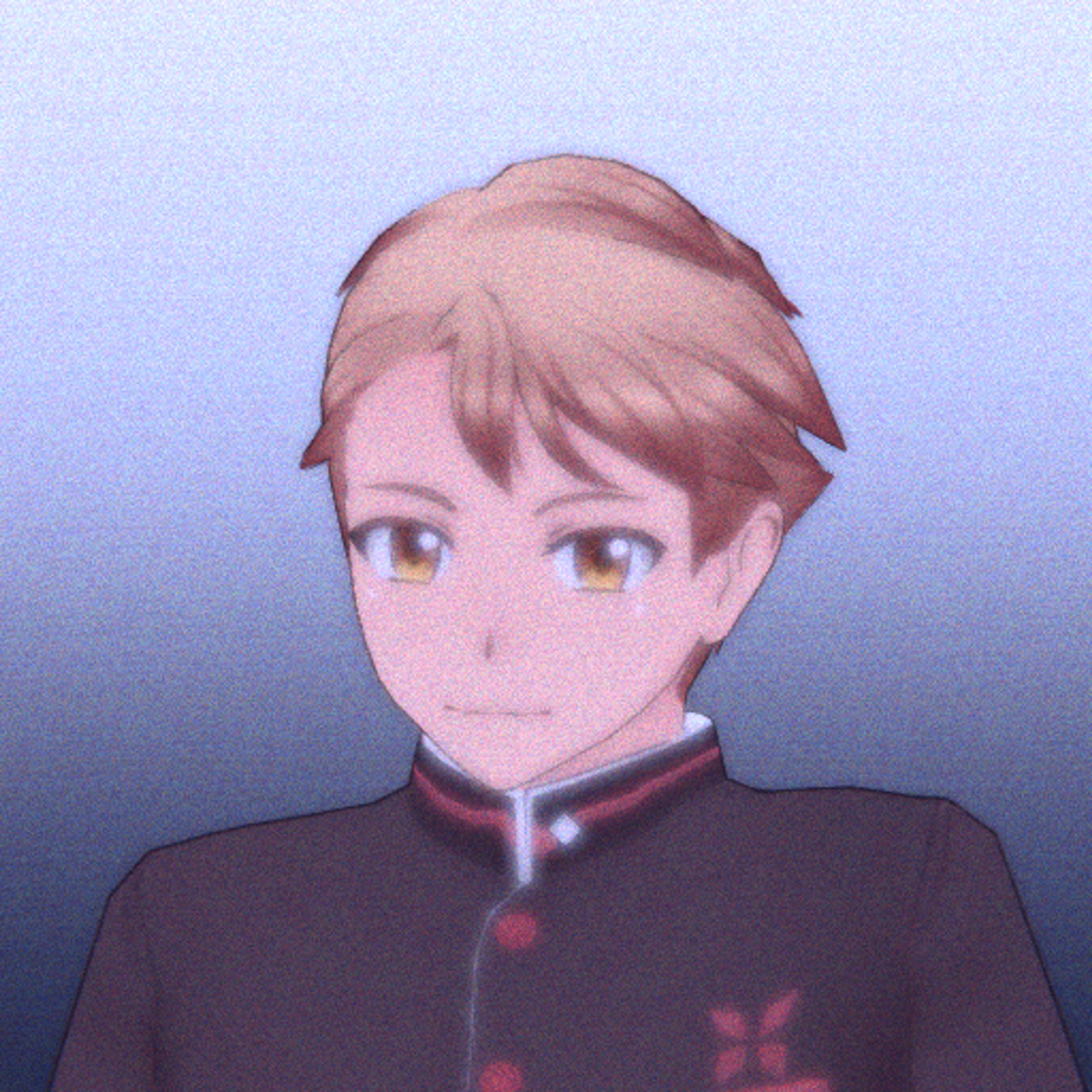 An anime-style character with dirty blond hair, golden yellow eyes, and a school uniform with a Saikou cassette player.