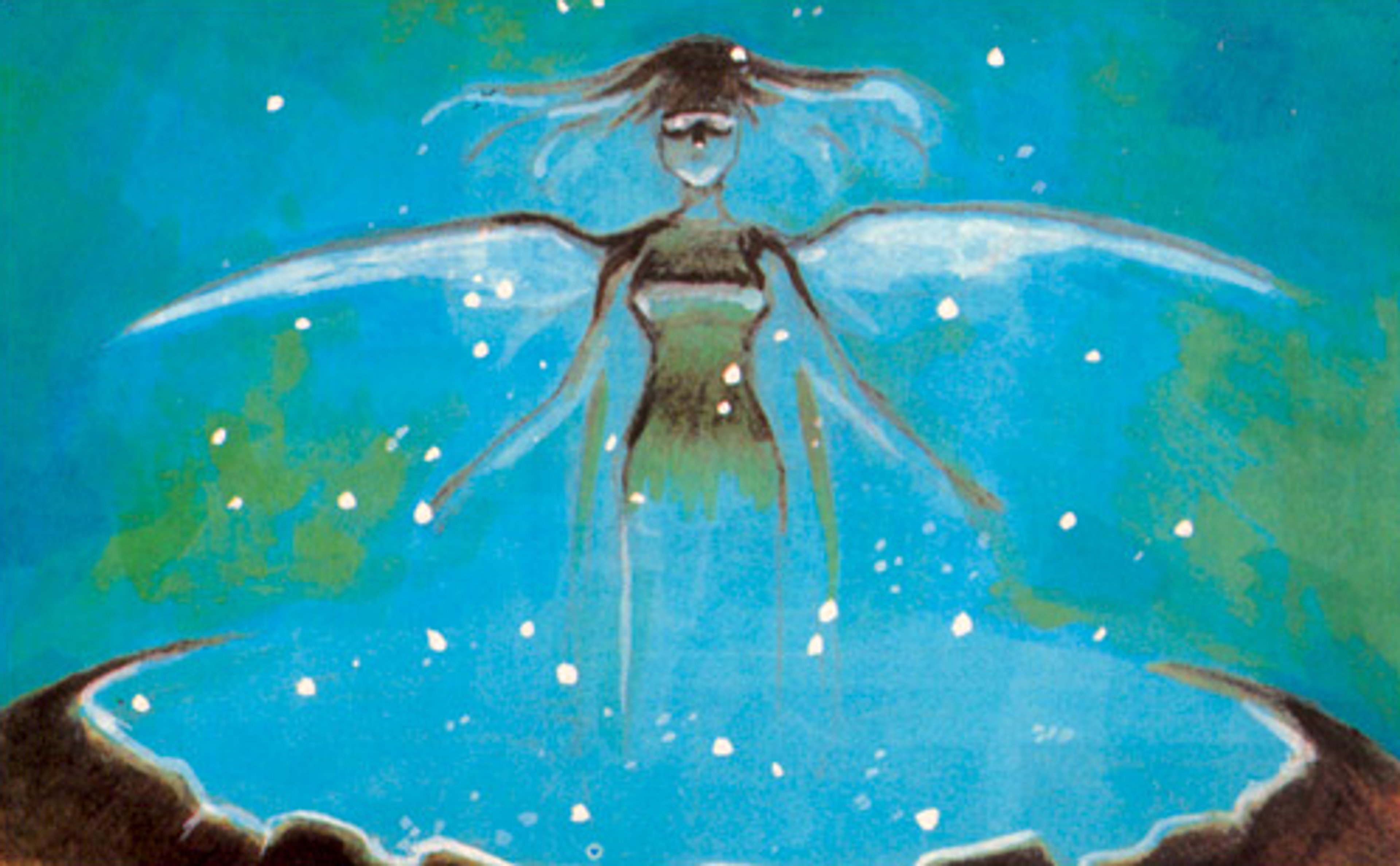 A large, ethereal fairy-like being emerging from a magical fountain