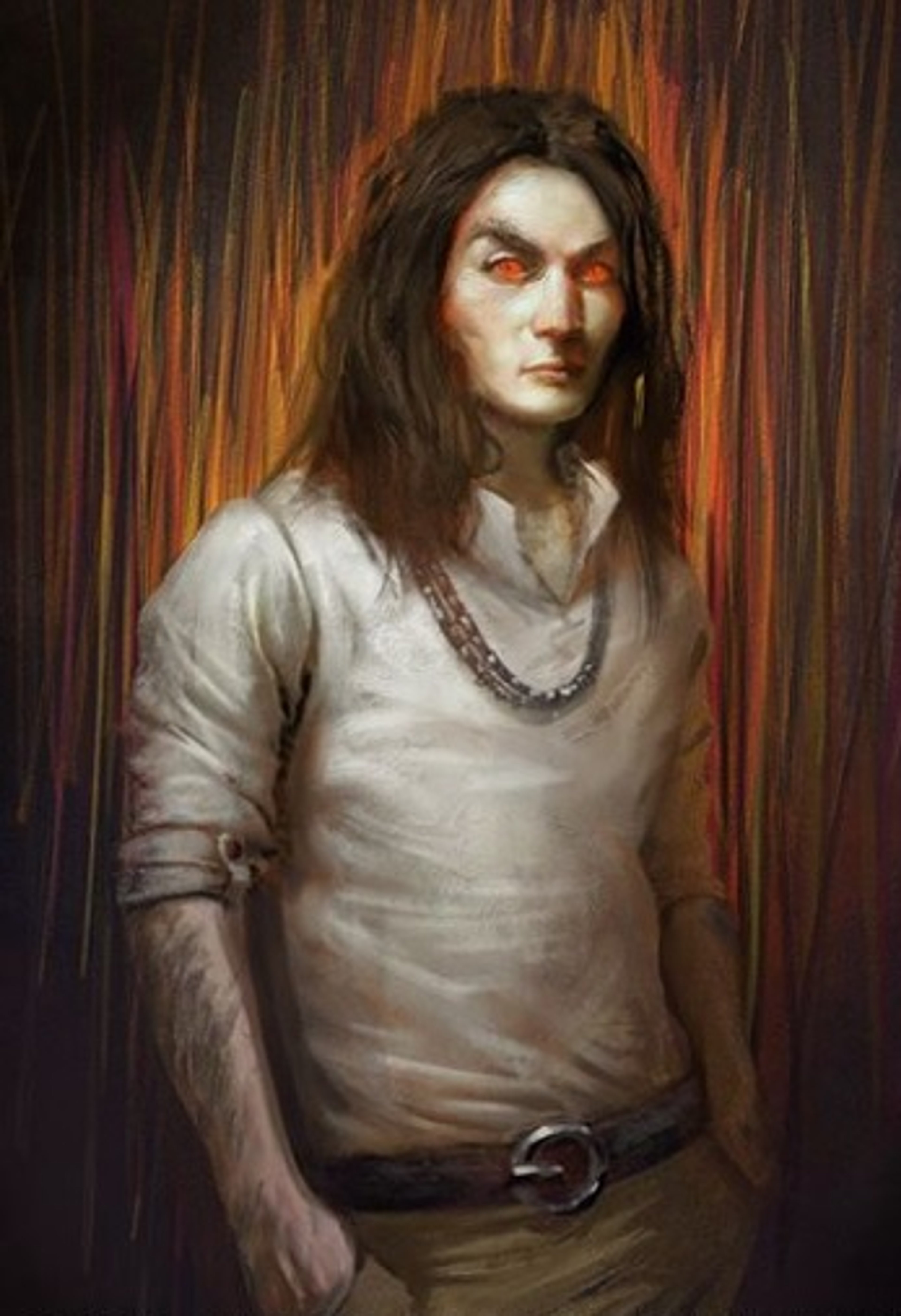 A dark-haired, pale-skinned male character with a serious expression against a fiery abstract background.