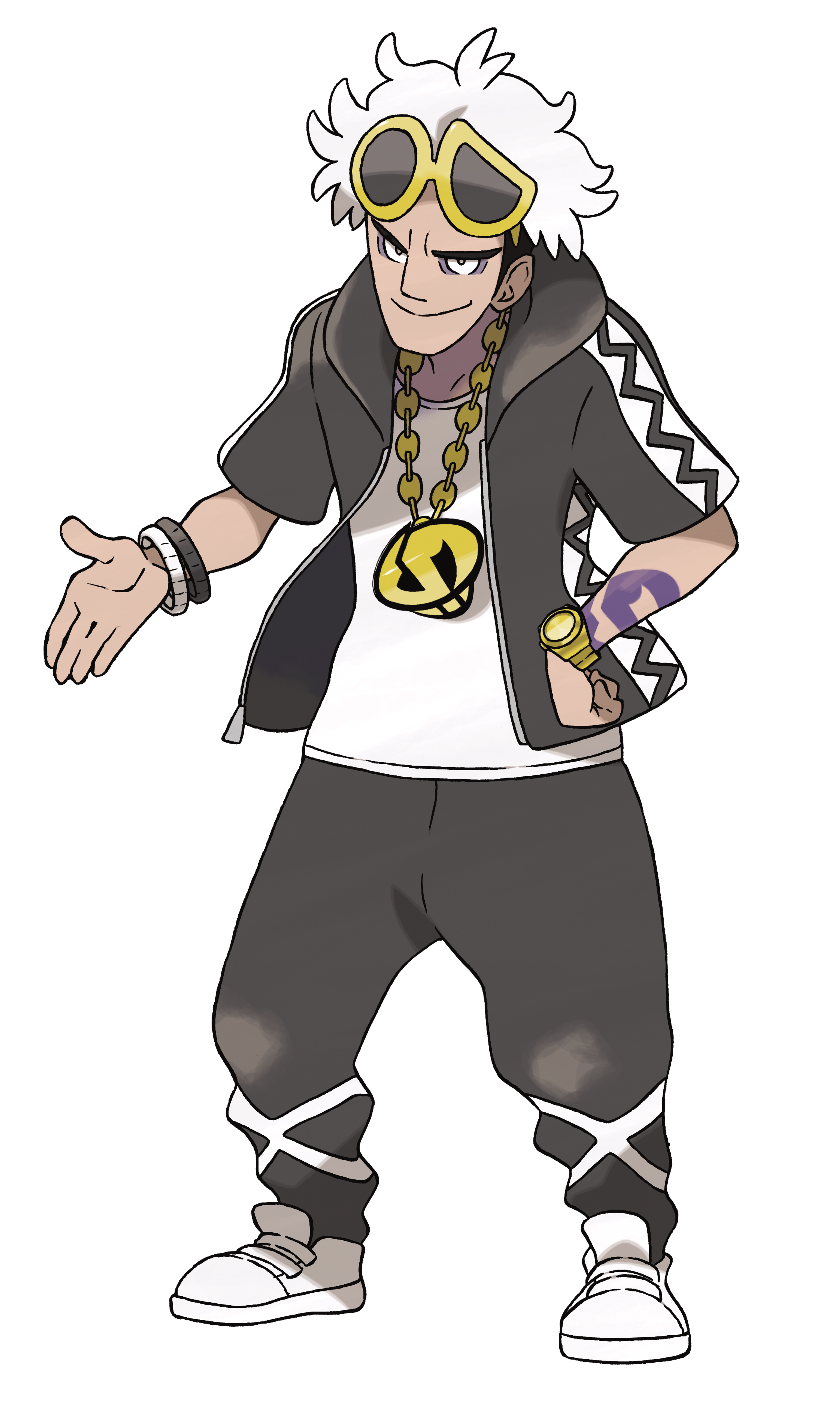A young man with shaved white and black hair, wearing a black jacket with a zigzag pattern displaying the Team Skull logo.