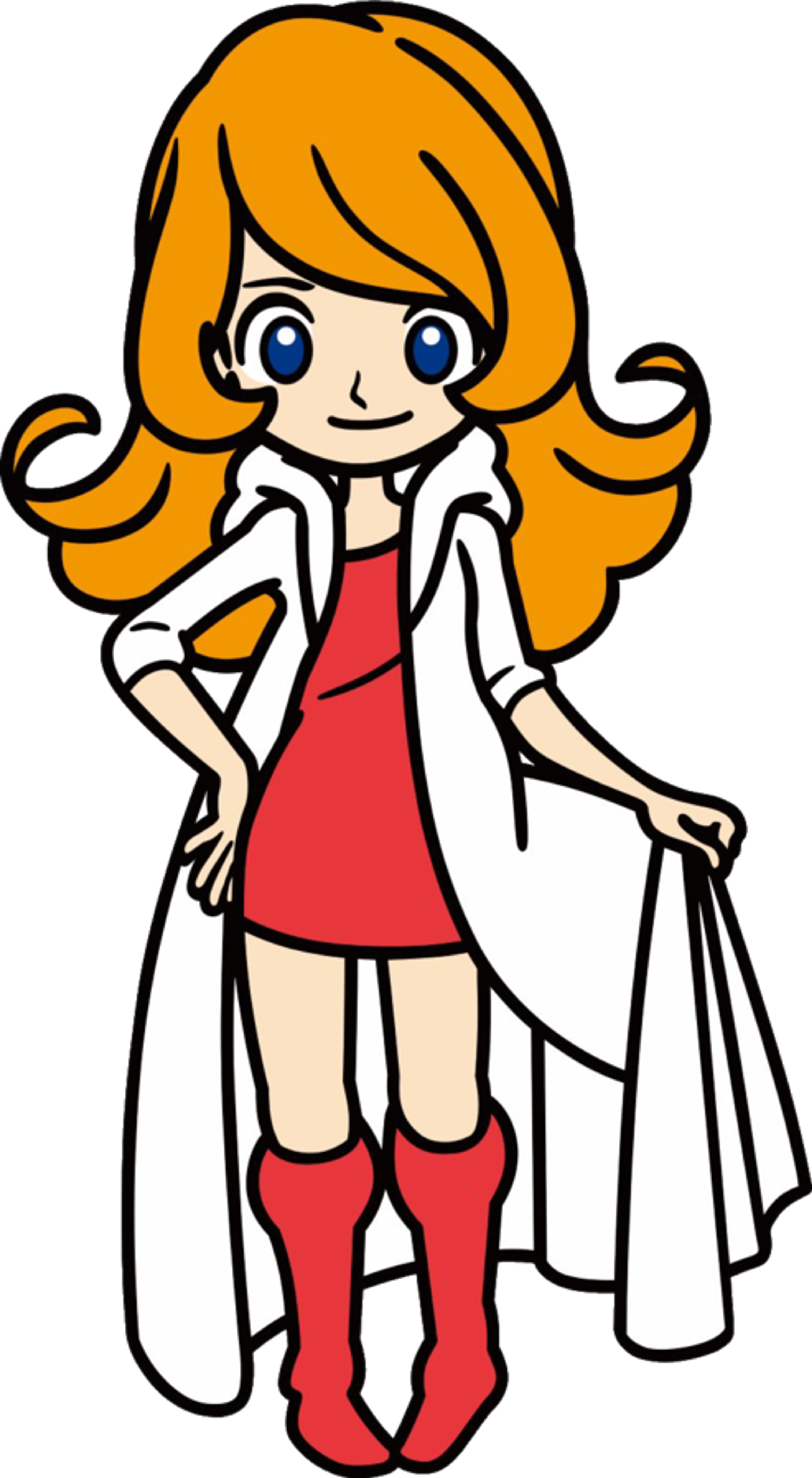 A young woman with orange pigtails wearing a red dress and white lab coat