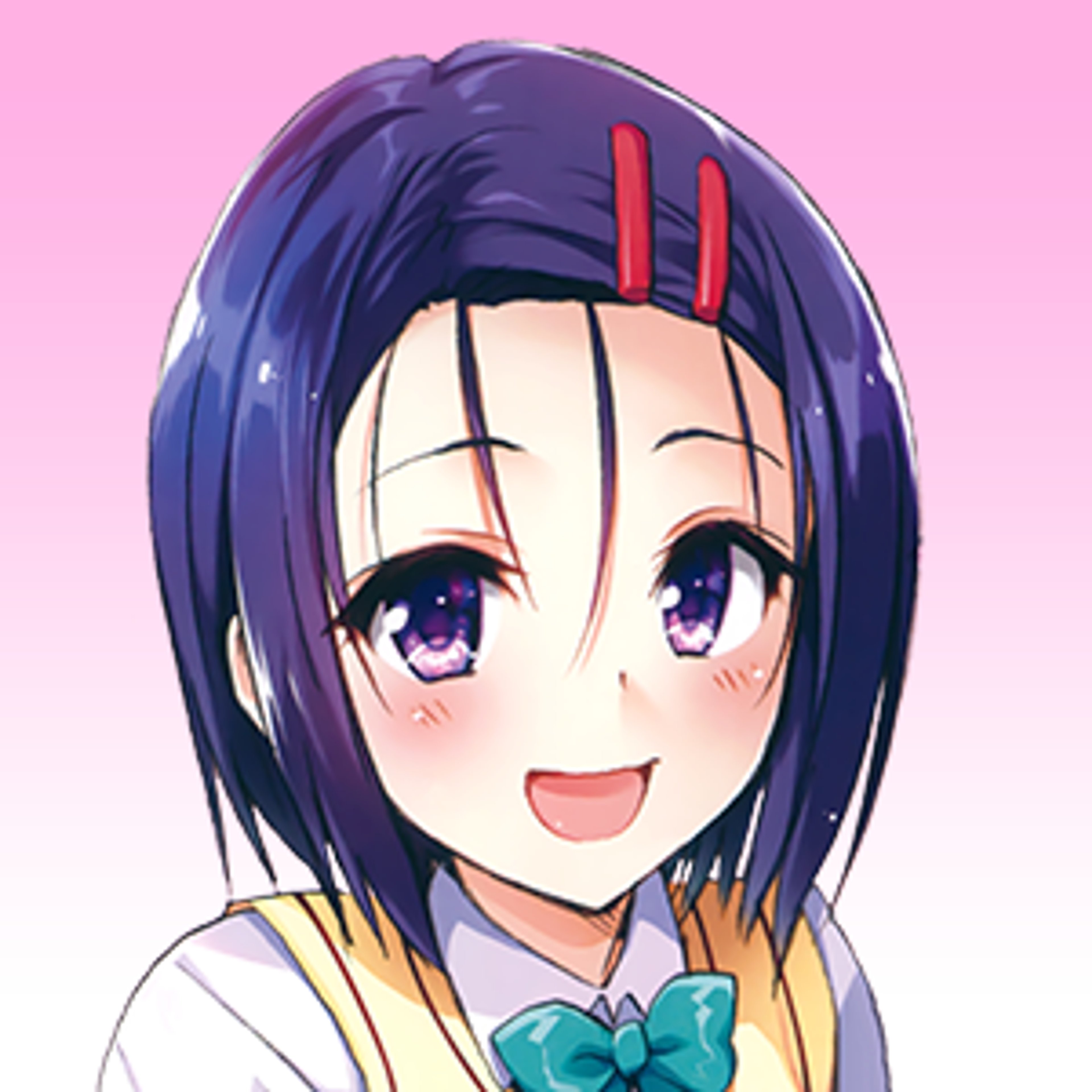 An anime-style character with large purple eyes, long blue hair, and a cheerful expression wearing a school uniform.