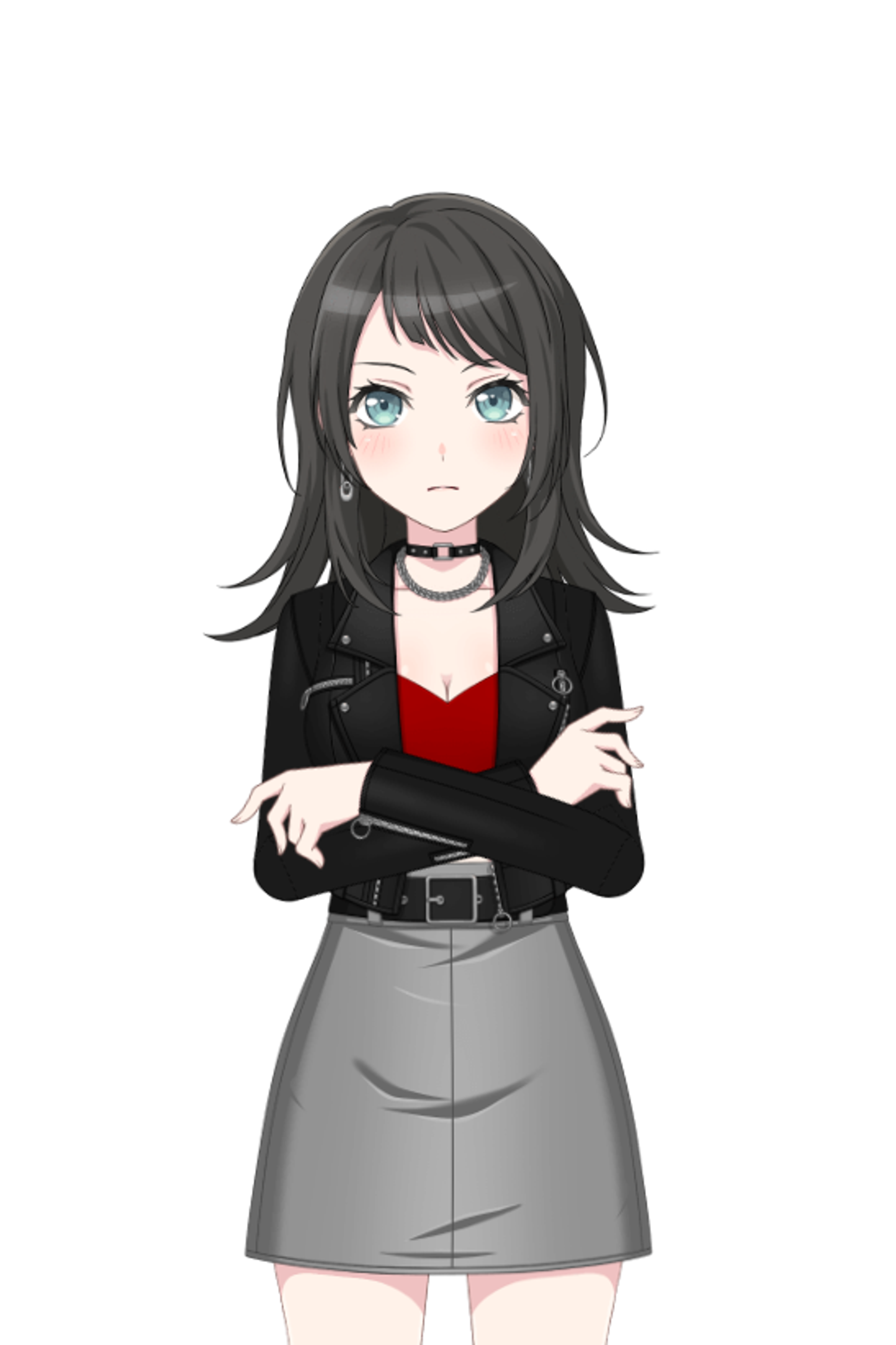 A young woman with black hair and turquoise eyes wearing a red top and gray skirt.