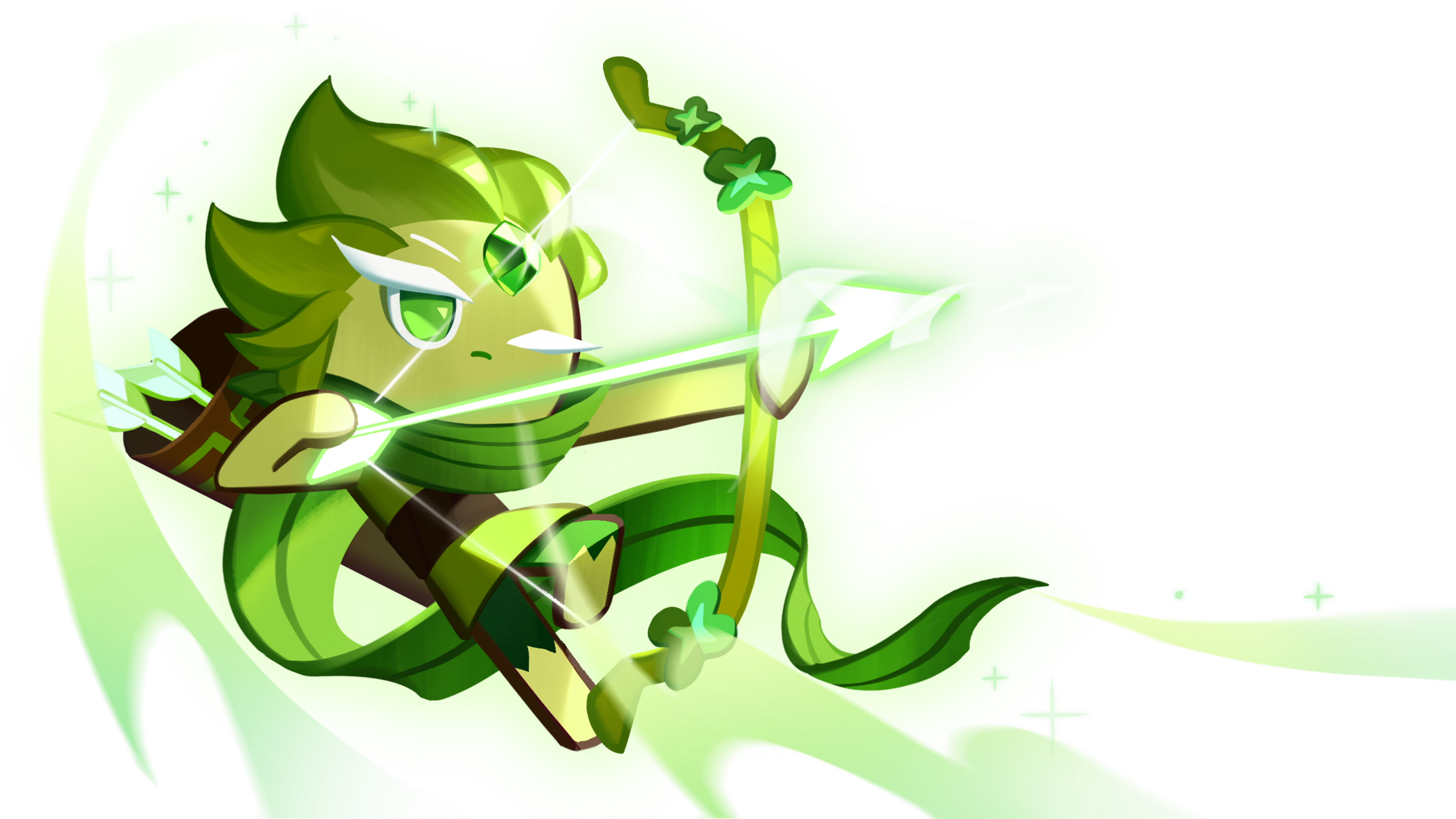 A detailed illustration of a green-skinned, elf-like character wielding a bow and arrow.