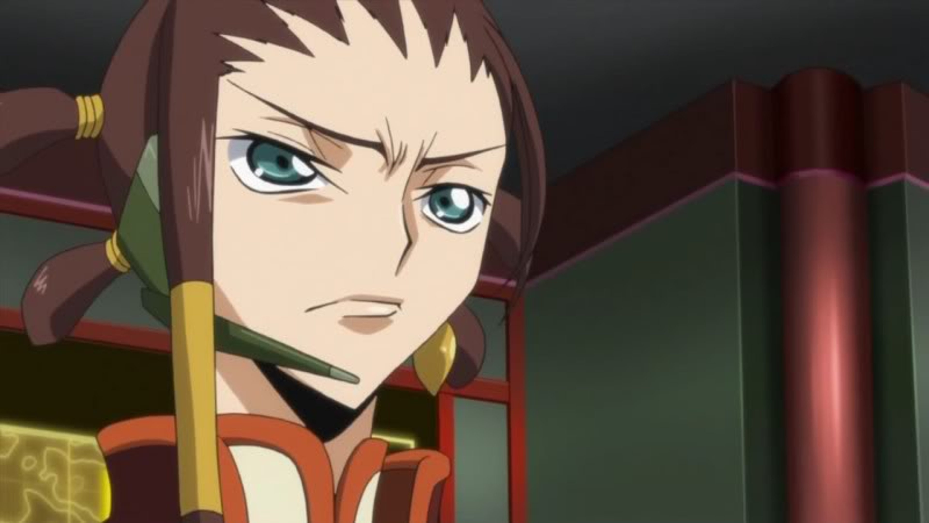 An anime-style character in a military uniform with spiky red hair and a stern expression
