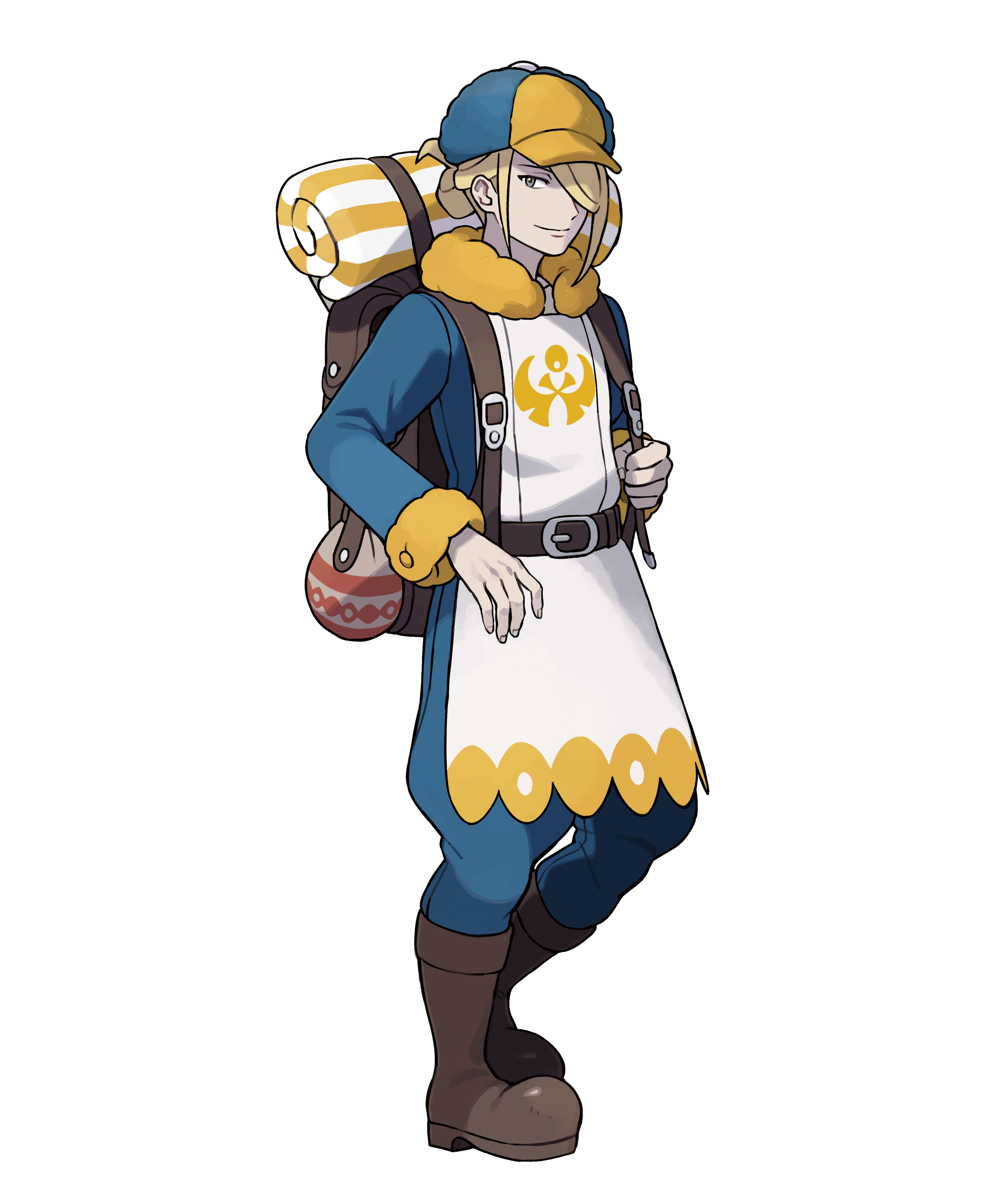 A young man in a blue and yellow outfit holding a device in an outdoor setting