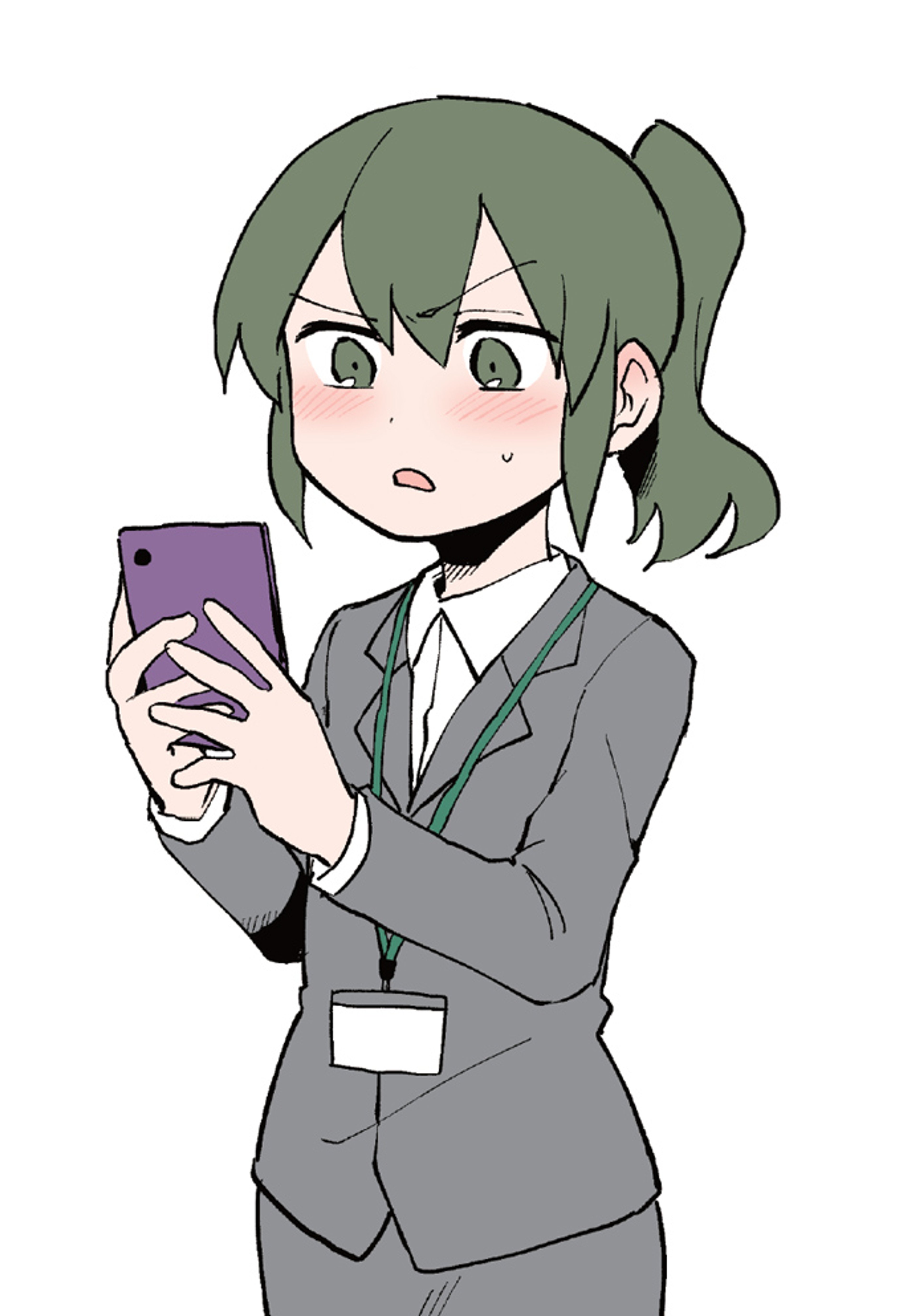 Short professional woman with green hair