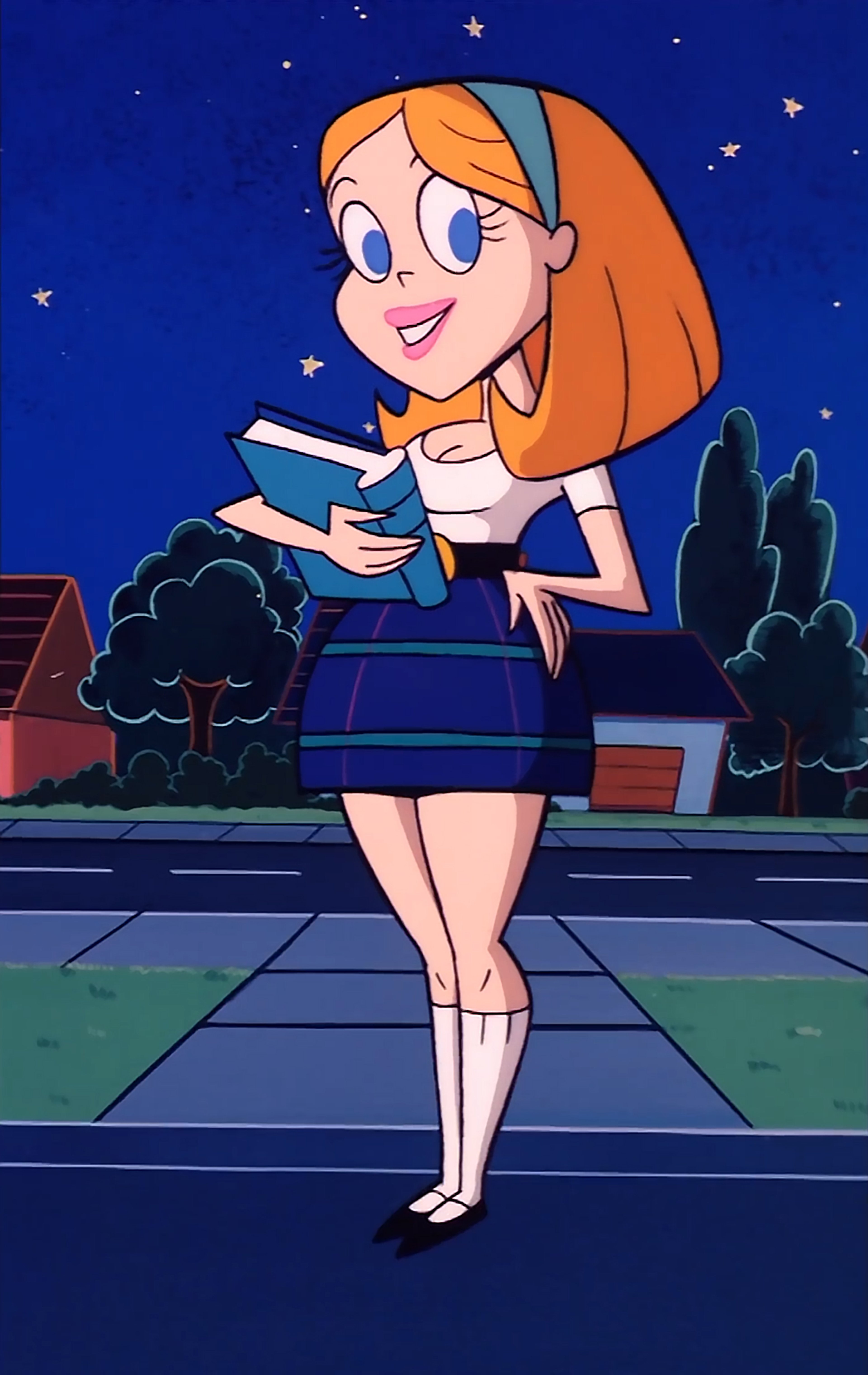 A teenage girl with strawberry blonde hair, fair skin, and blue eyes, wearing a white shirt, blue plaid skirt, white knee socks, and black shoes, standing in a suburban setting and holding a book.
