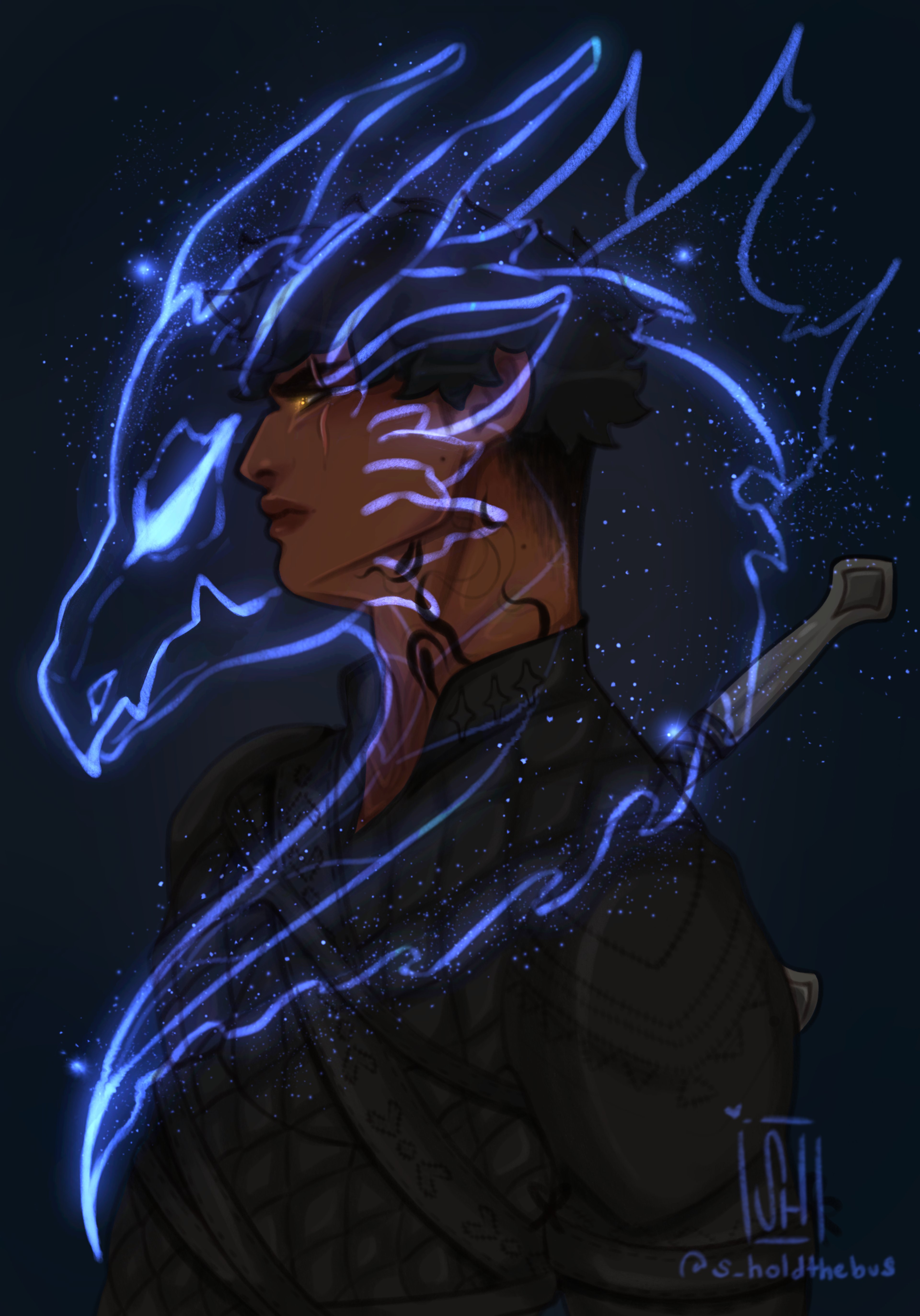A powerful-looking young man with striking features and blue magical energy around him.