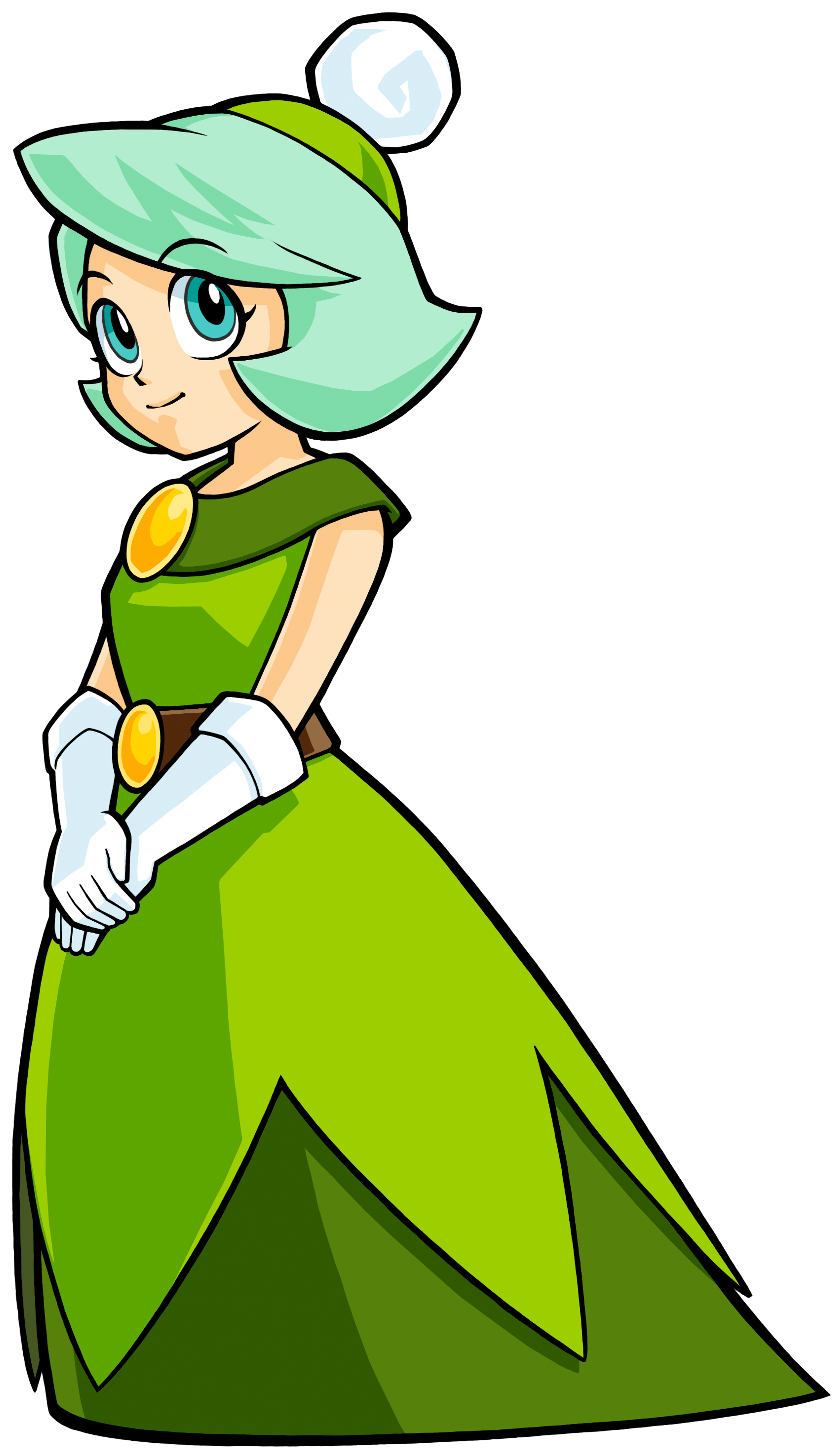 An animated green-haired female character in a green dress, appearing as a kind and compassionate queen figure.