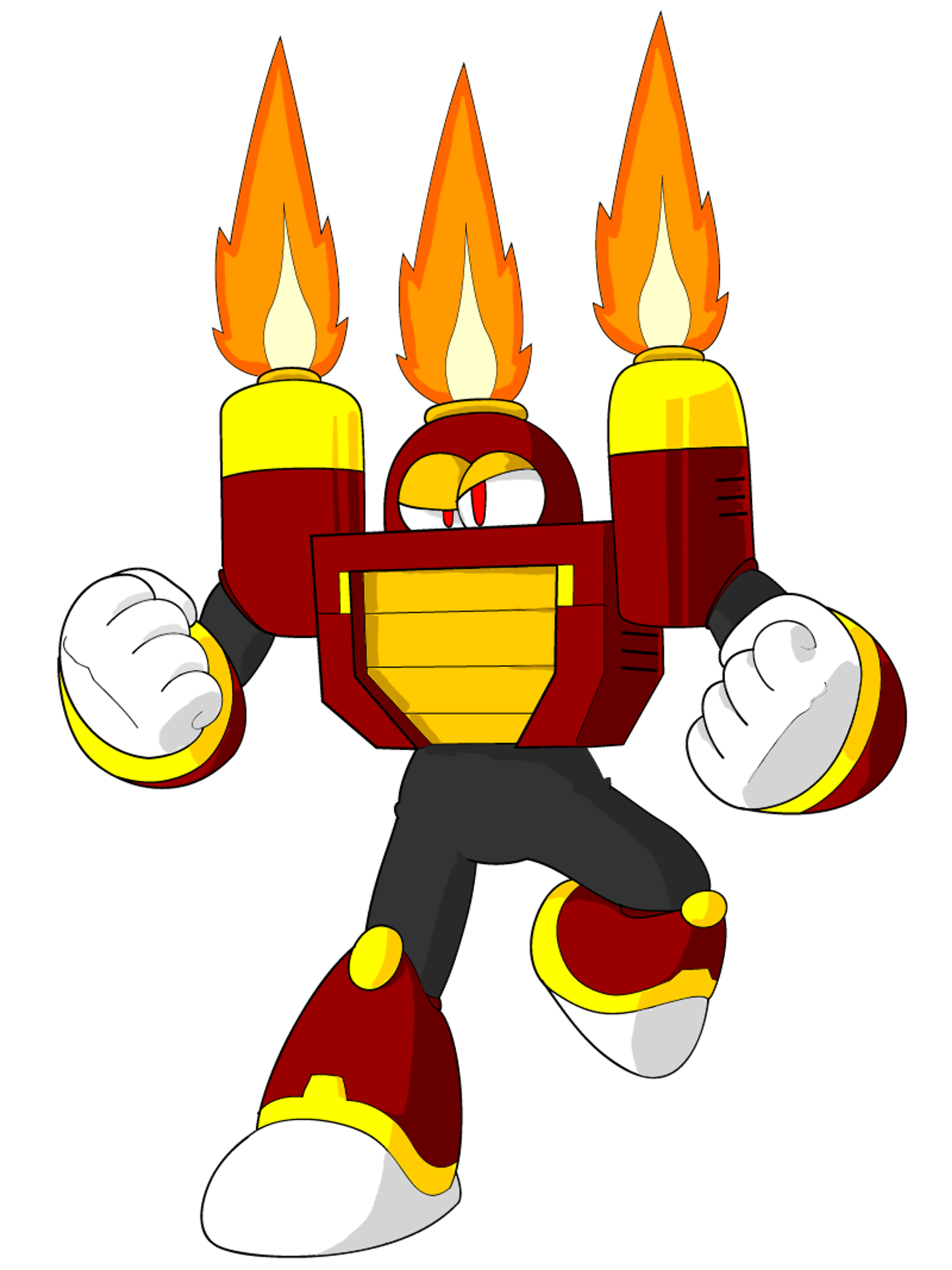 A powerful fire-themed robot character with flaming torches on its head and a muscular, mechanical body.