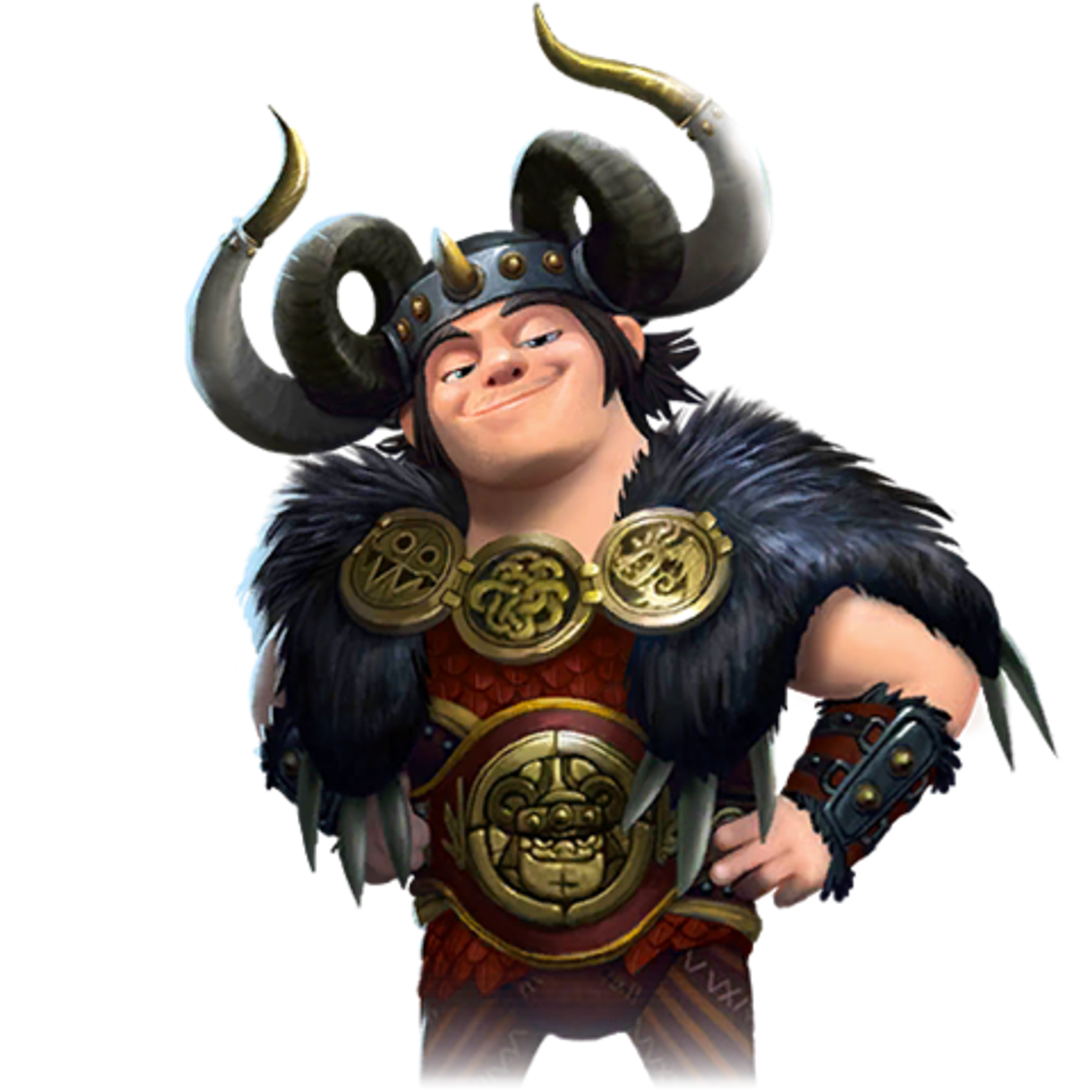 A Viking man with a muscular build, wearing a horned helmet and holding a metal shield with a dragon insignia.