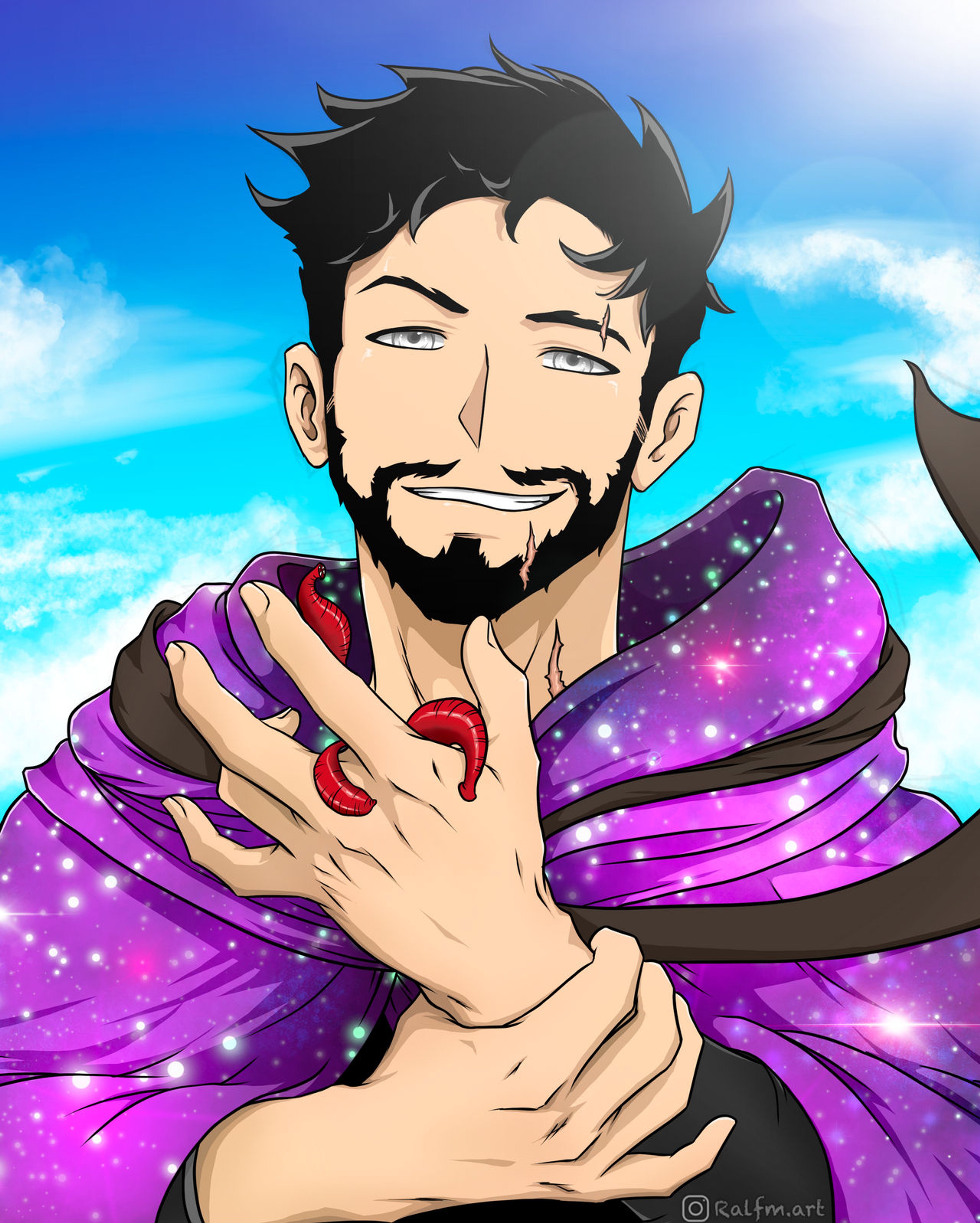 A smiling man in a purple robe against a bright sky