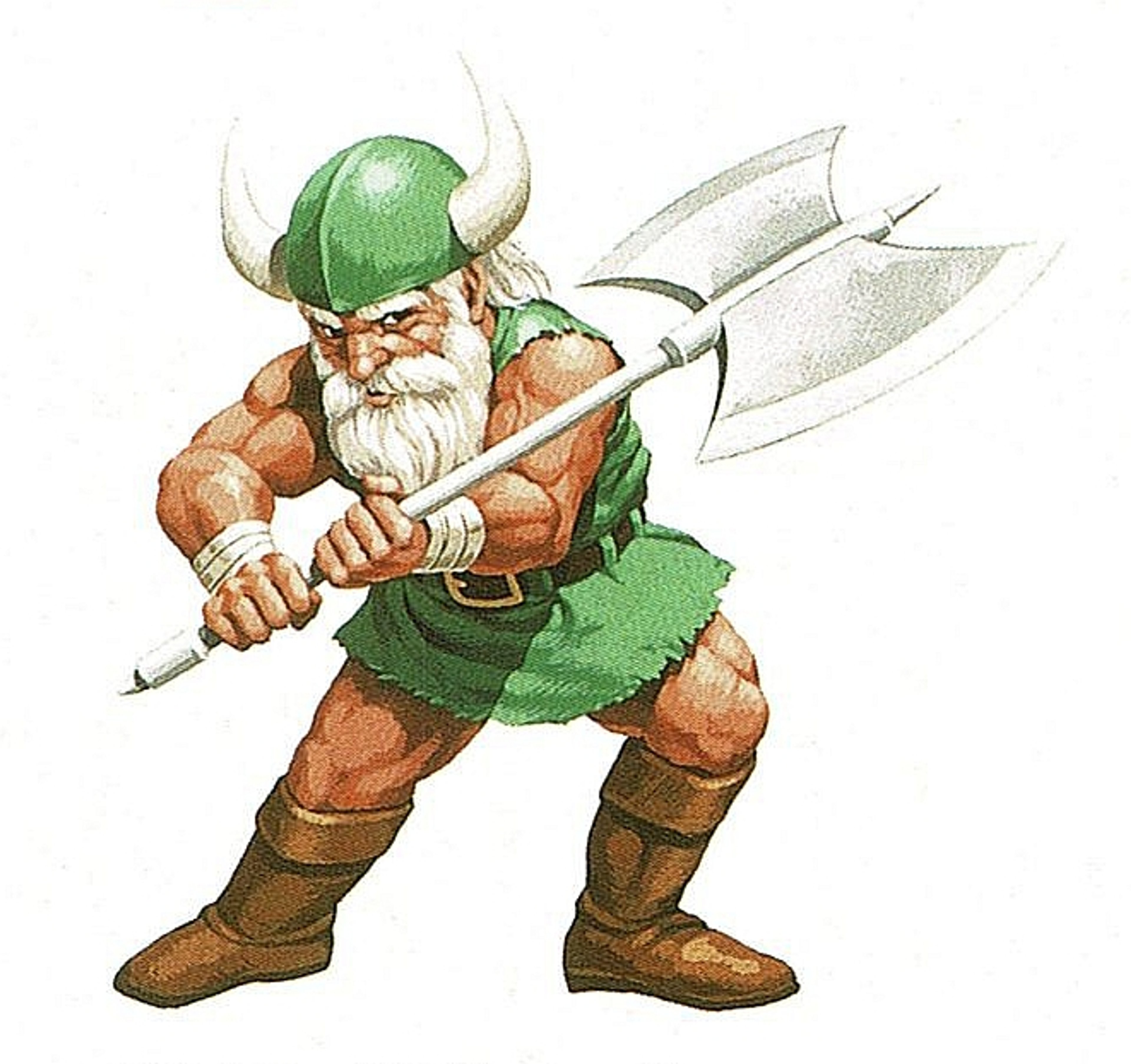 Dwarf warrior with white beard and green tunic, wielding a silver axe
