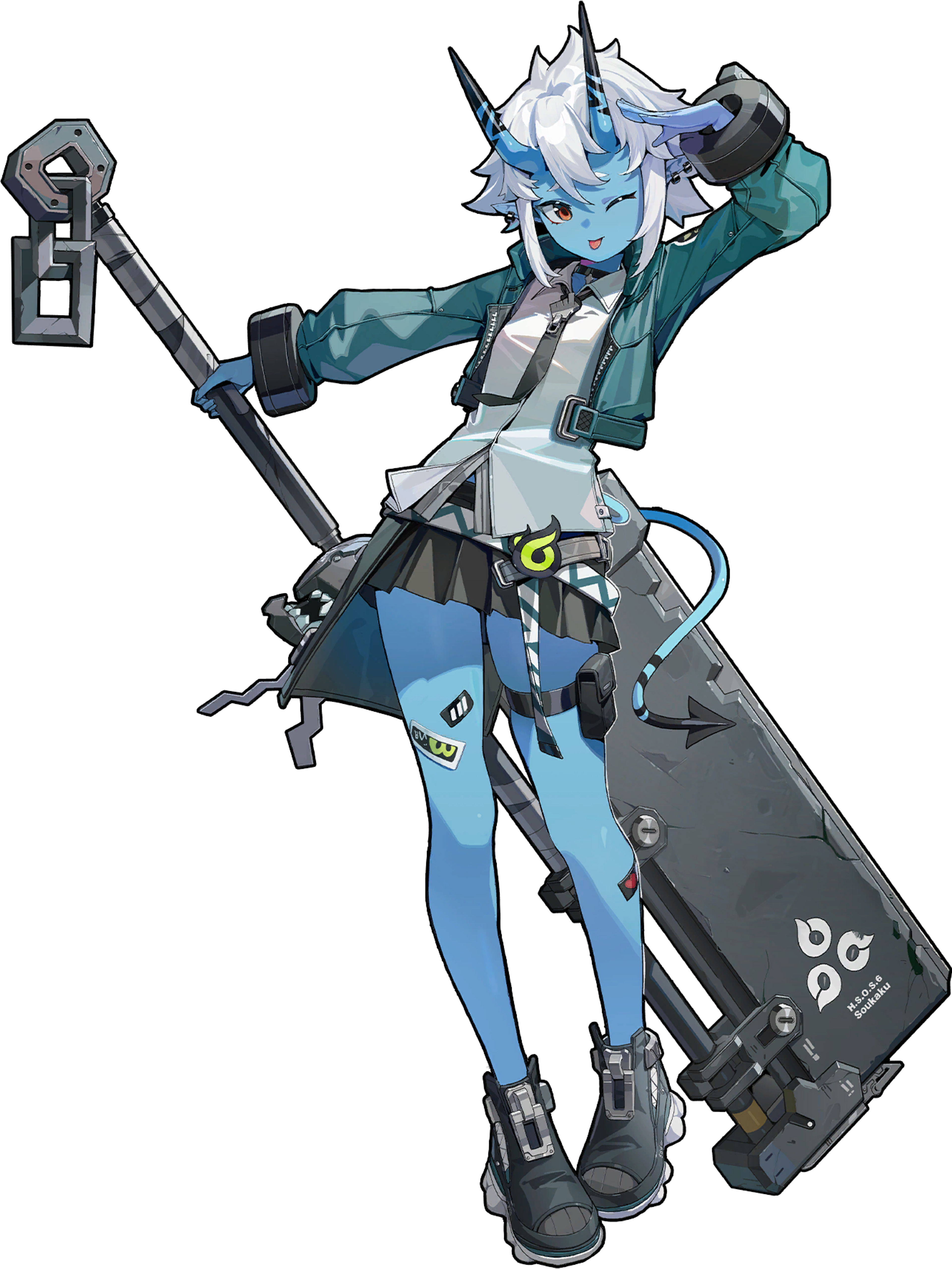 A young Oni woman with blue hair and horns, wearing a green and black outfit with technological elements, wielding an ice-based weapon or ability.