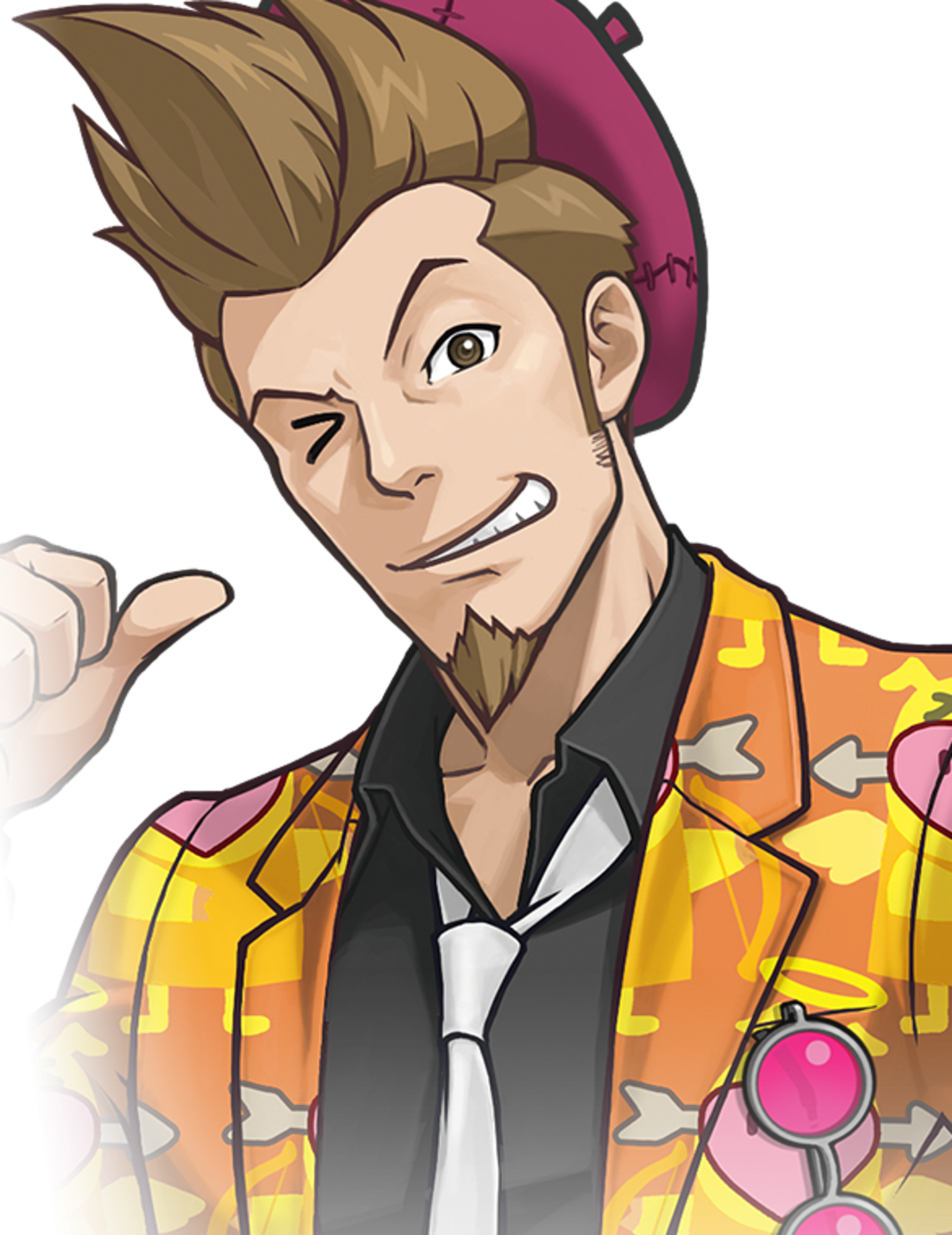 A cartoon character with spiky brown hair wearing a yellow jacket