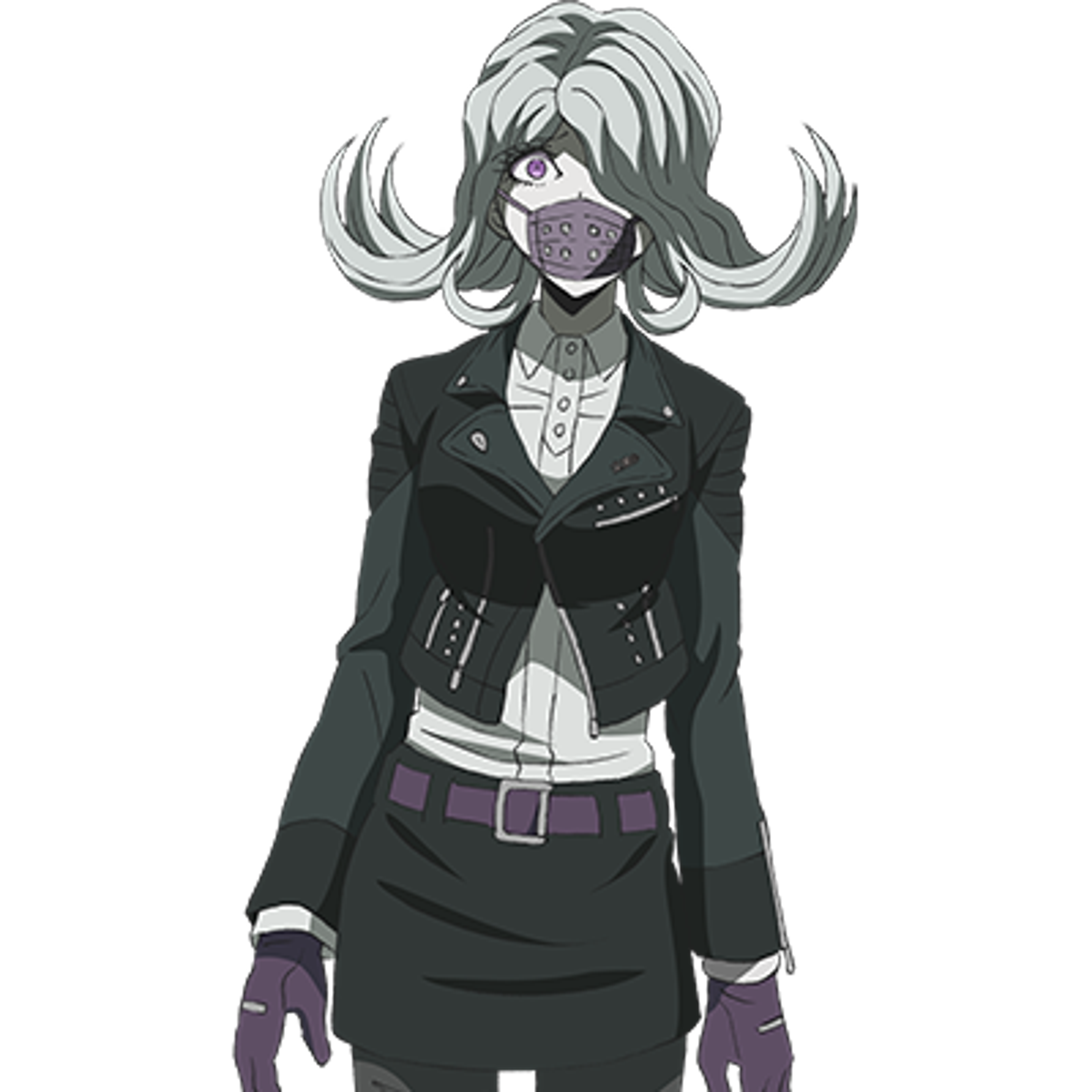 A young woman with a respirator mask and messy, light-colored hair wearing a dark-colored jacket and skirt or shorts.