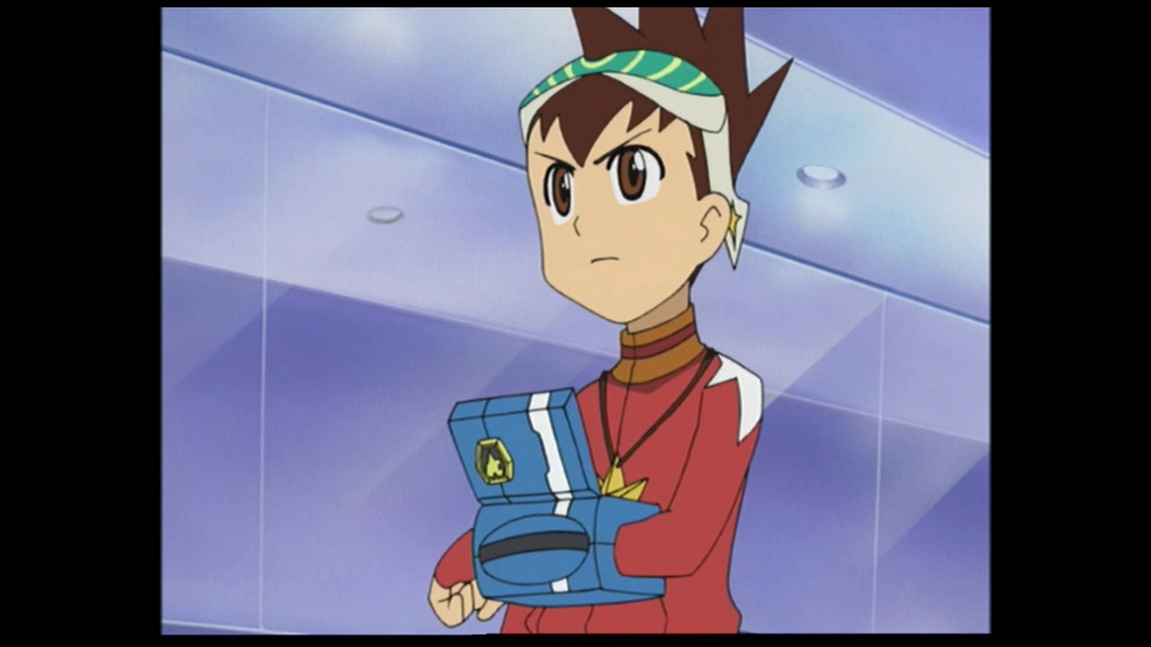 An anime-style character of a young boy with brown hair and large eyes, wearing a red shirt and holding an electronic device.