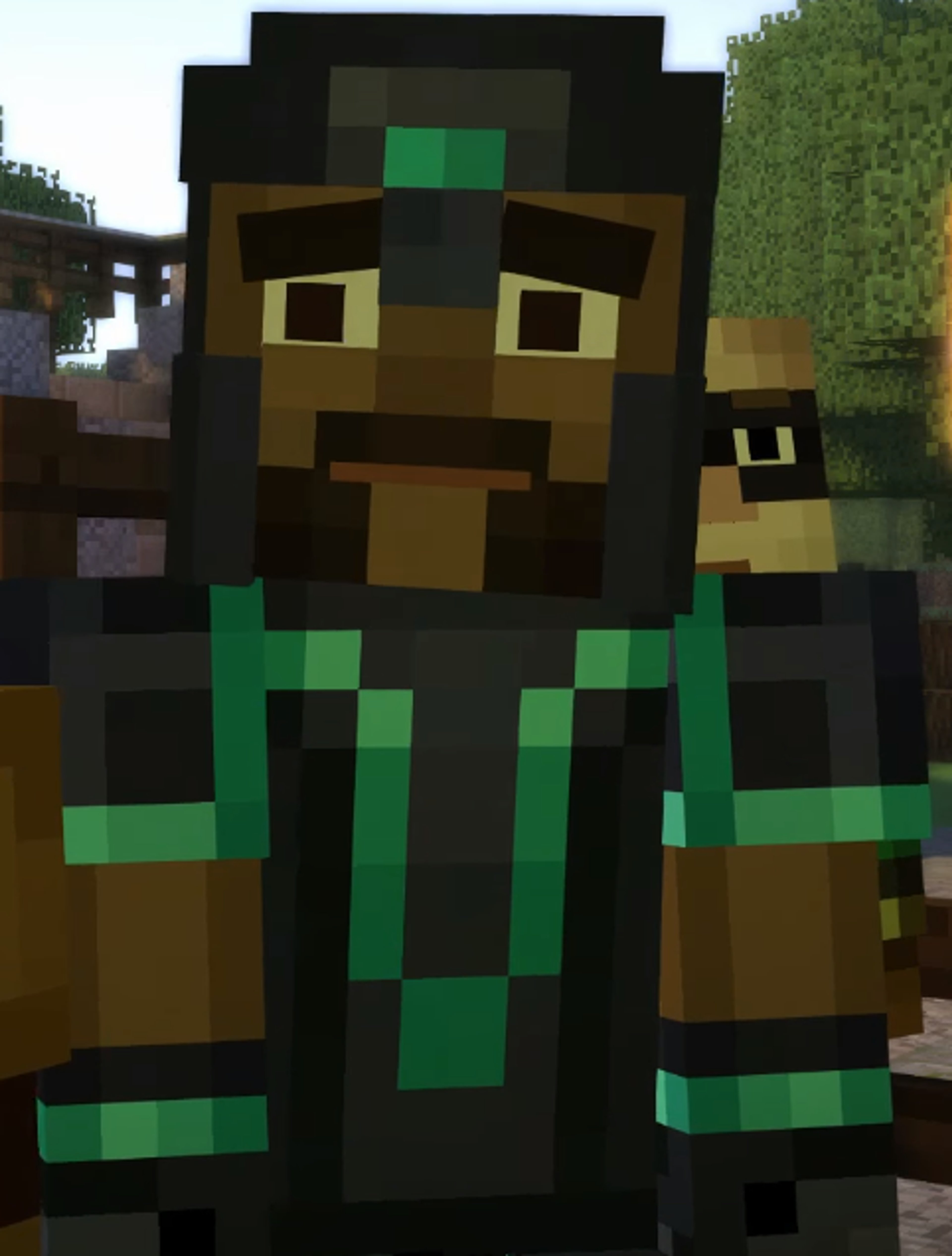 A pixelated character in green clothing holding a diamond sword