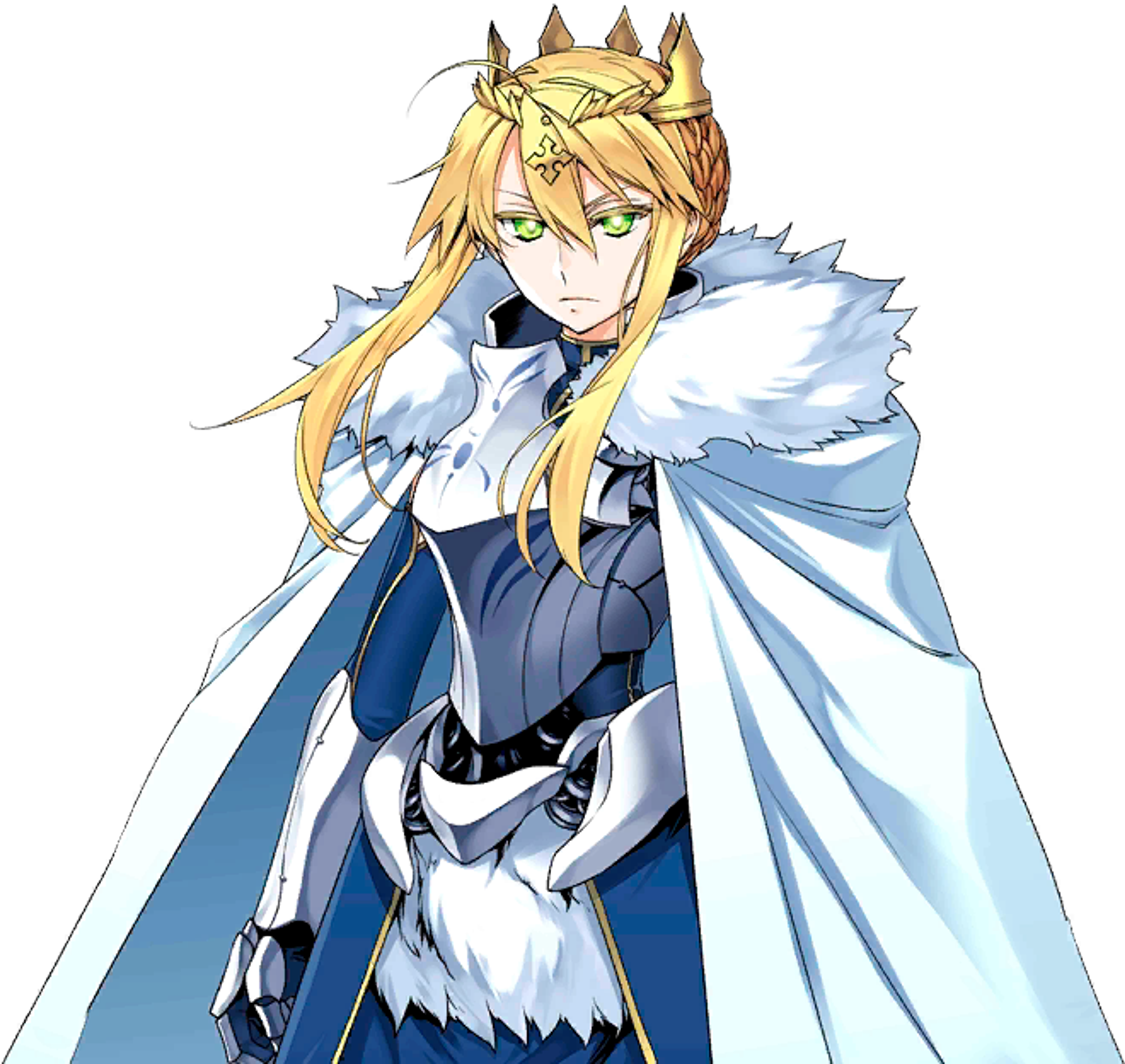 A powerful, divine female character with blonde hair and a crown-like headpiece, wearing a blue and white outfit with a flowing cape.