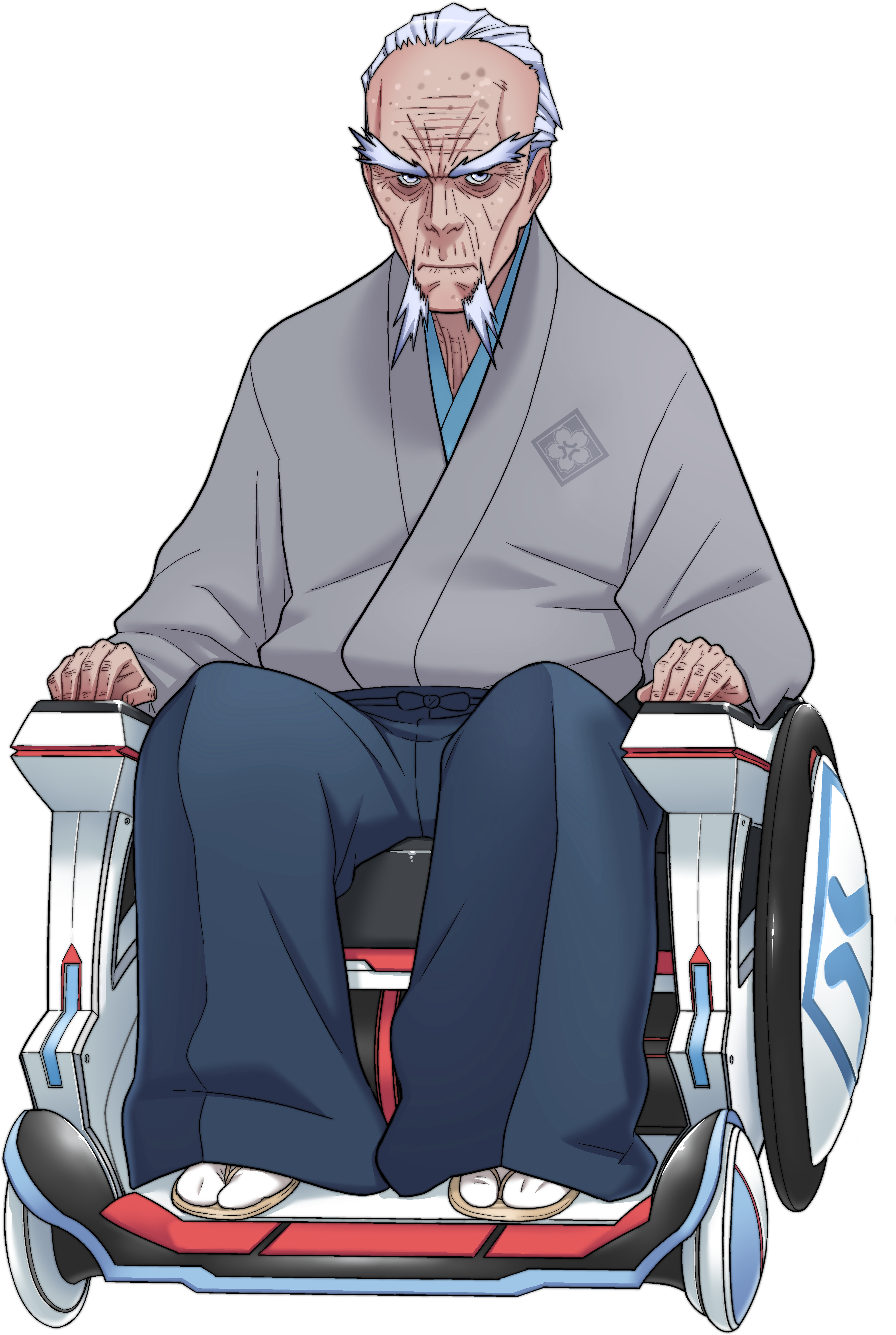 An elderly man with silver-white hair and piercing eyes, wearing a gray robe and sitting in a futuristic-looking wheelchair or mobility device.