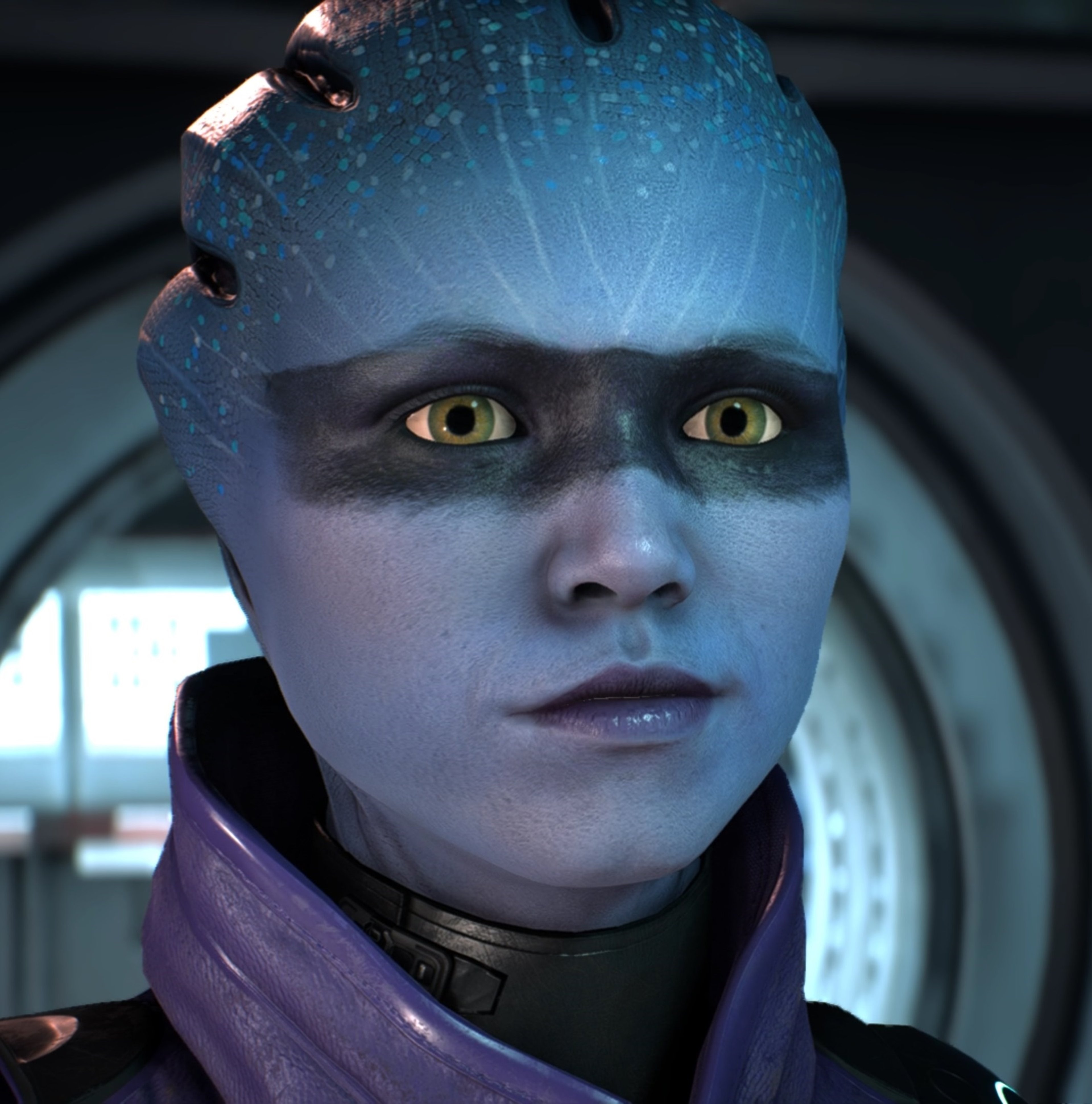 Blue-skinned asari sci-fi character from Mass Effect: Andromeda