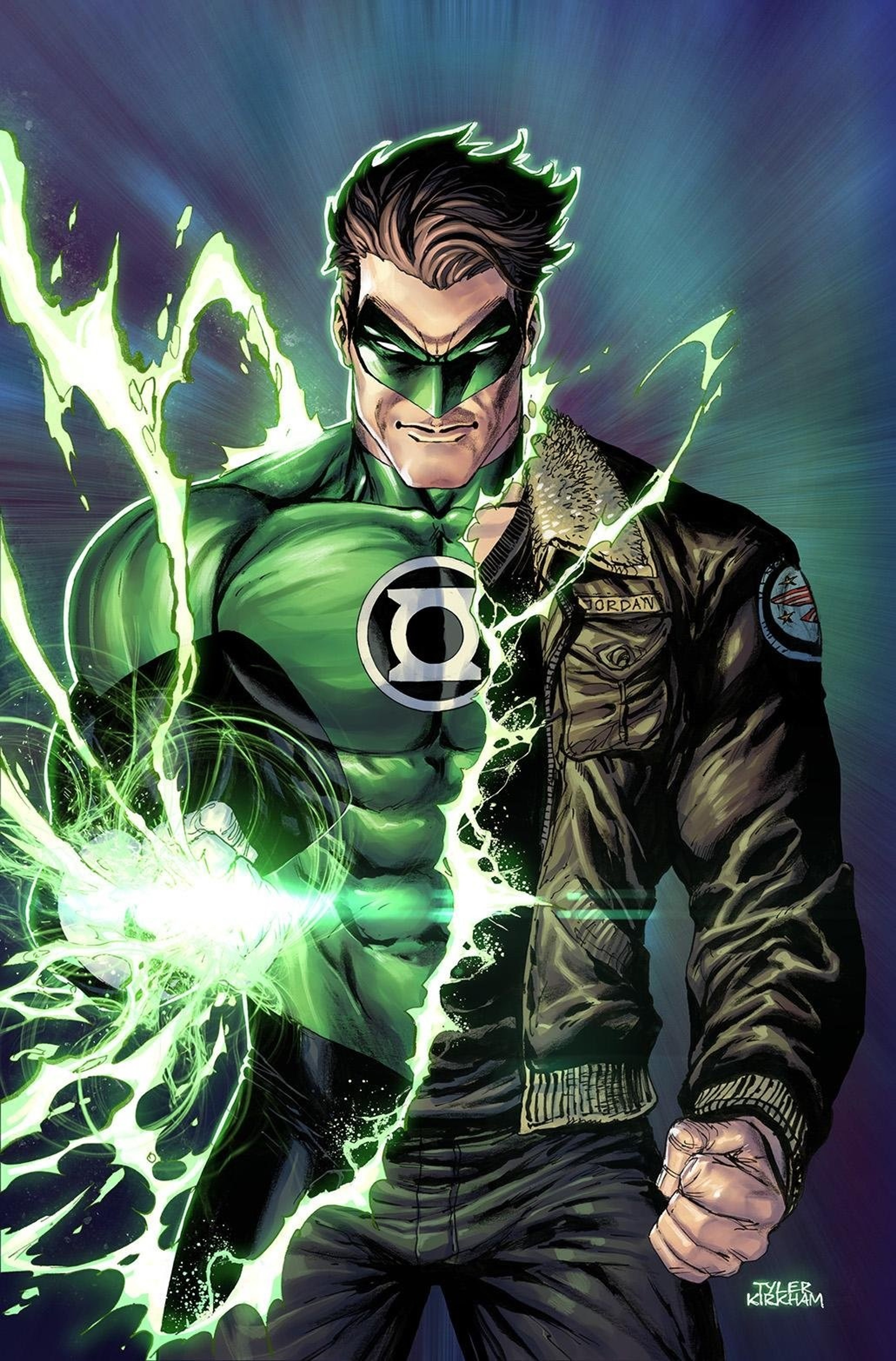 A superhero character in a green and black costume surrounded by green energy