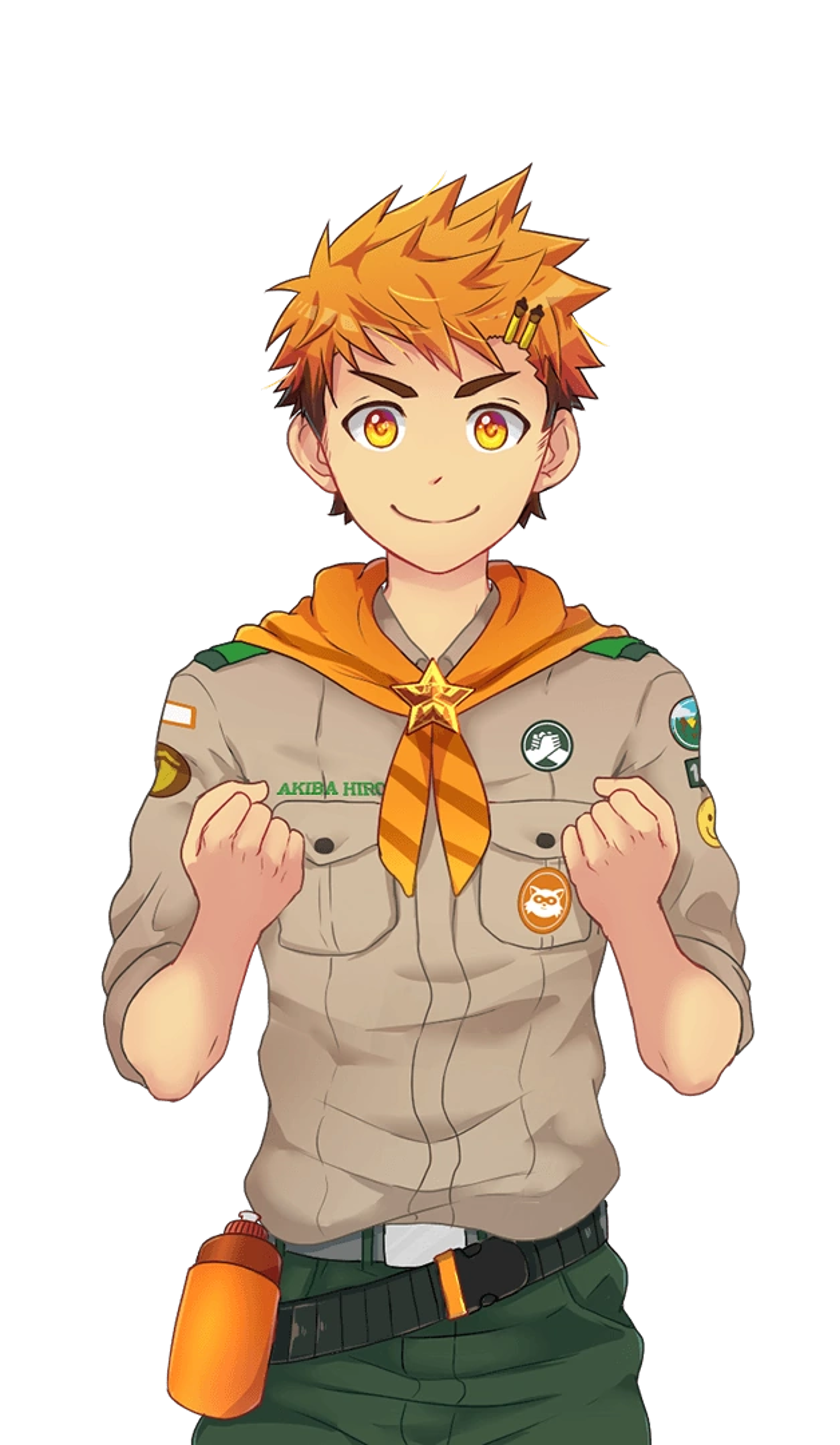 A young man with orange hair and a scout-like uniform, smiling cheerfully.