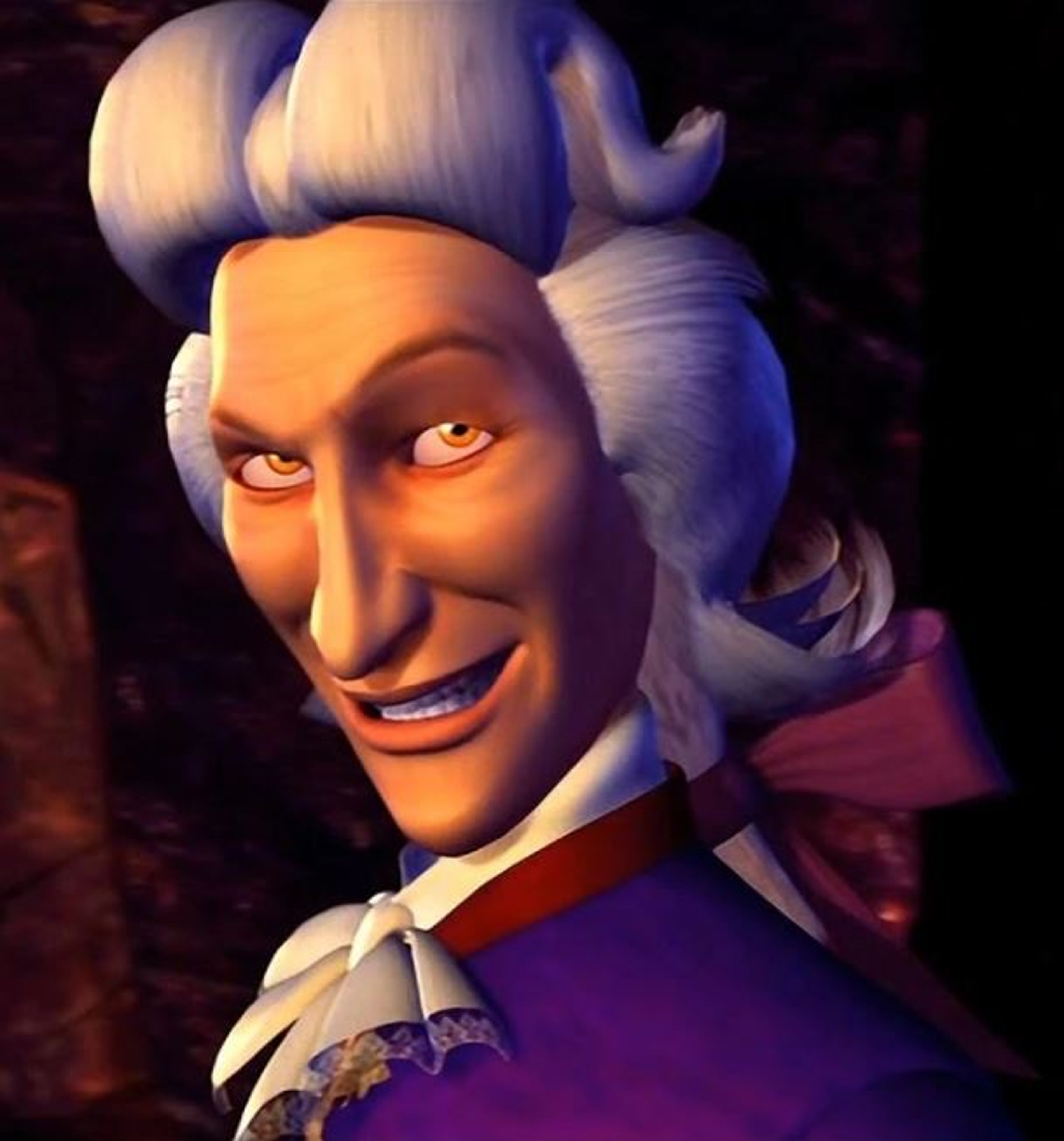 An animated character with a large, round head, wide grin, and elaborate white hairstyle wearing a purple outfit.