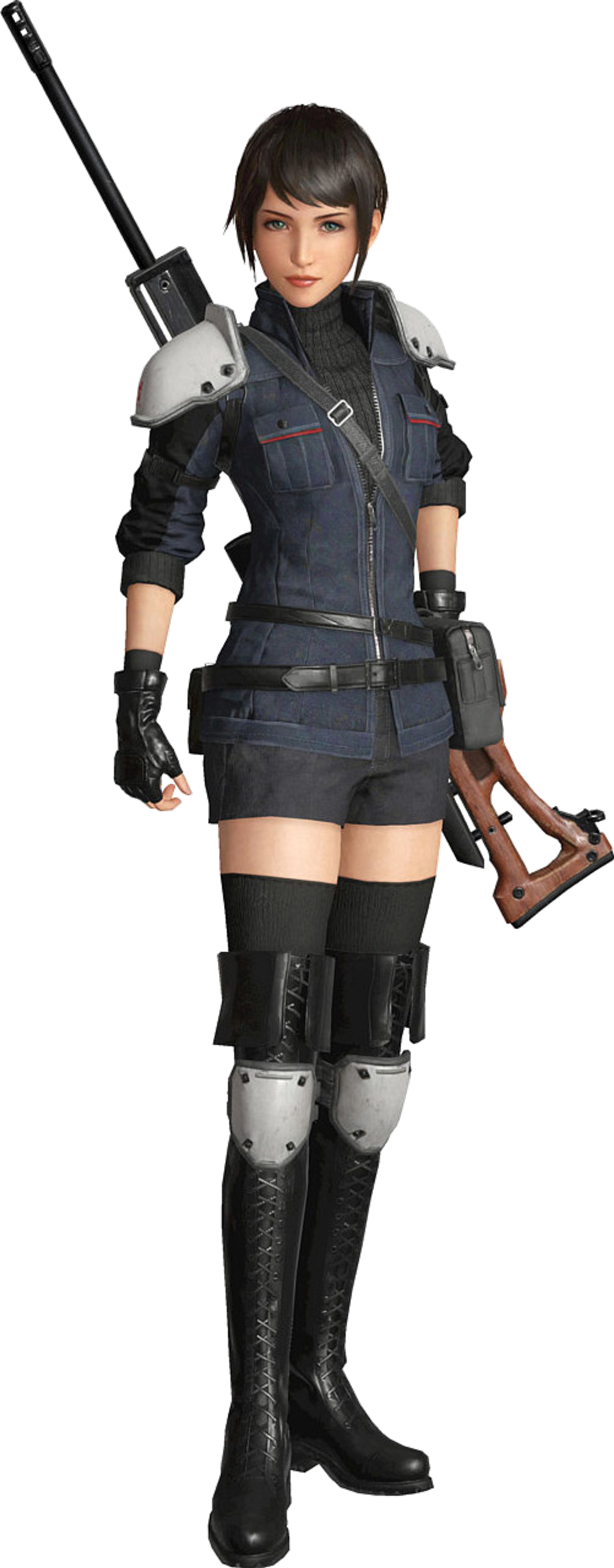 A young woman in a black military outfit holding a rifle