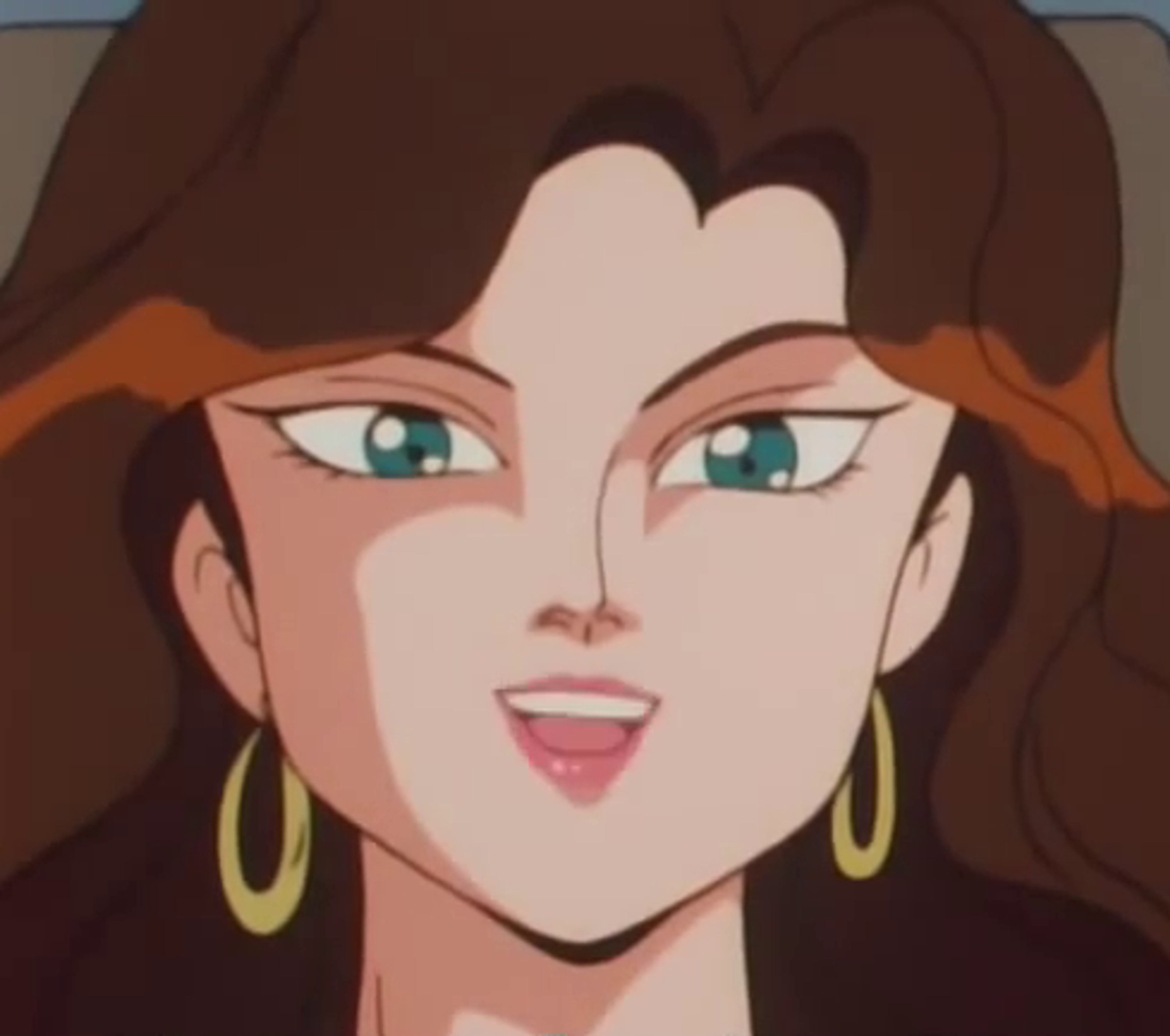 An anime-style female character with long brown hair, green eyes, and large hoop earrings.