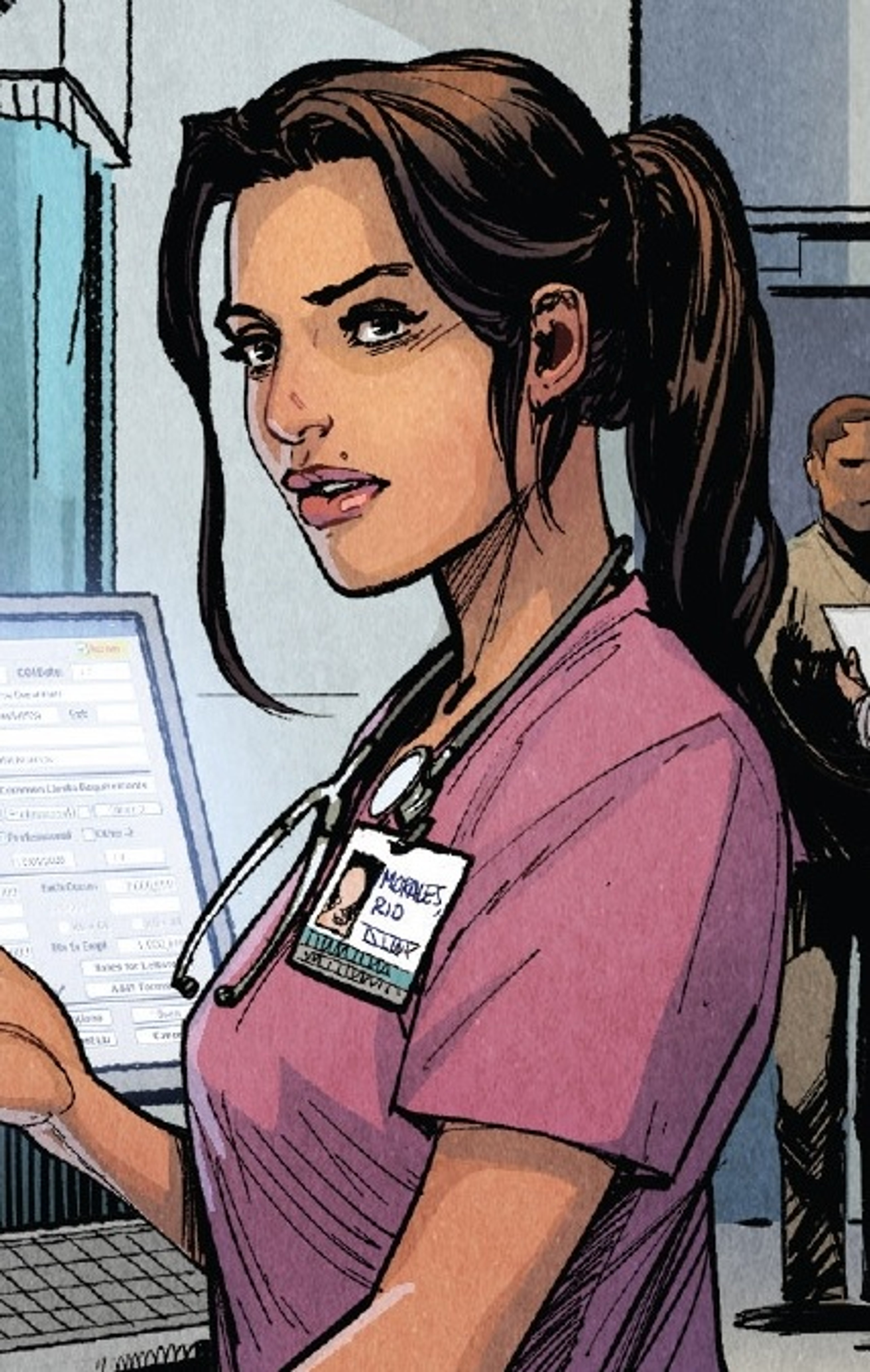 A young Latina woman in a pink medical uniform holding a clipboard