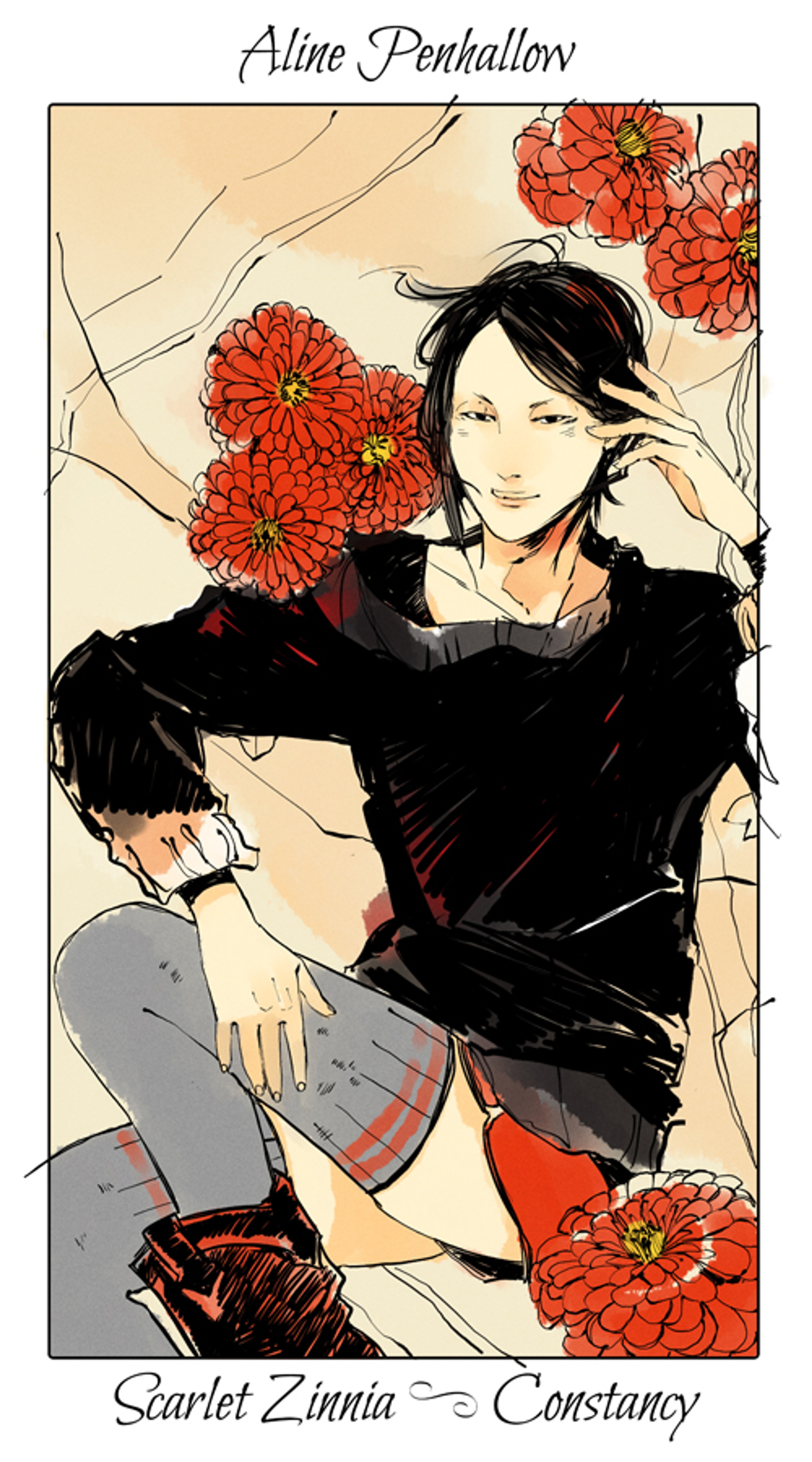A young woman with dark hair wearing a black outfit, surrounded by large red flowers.