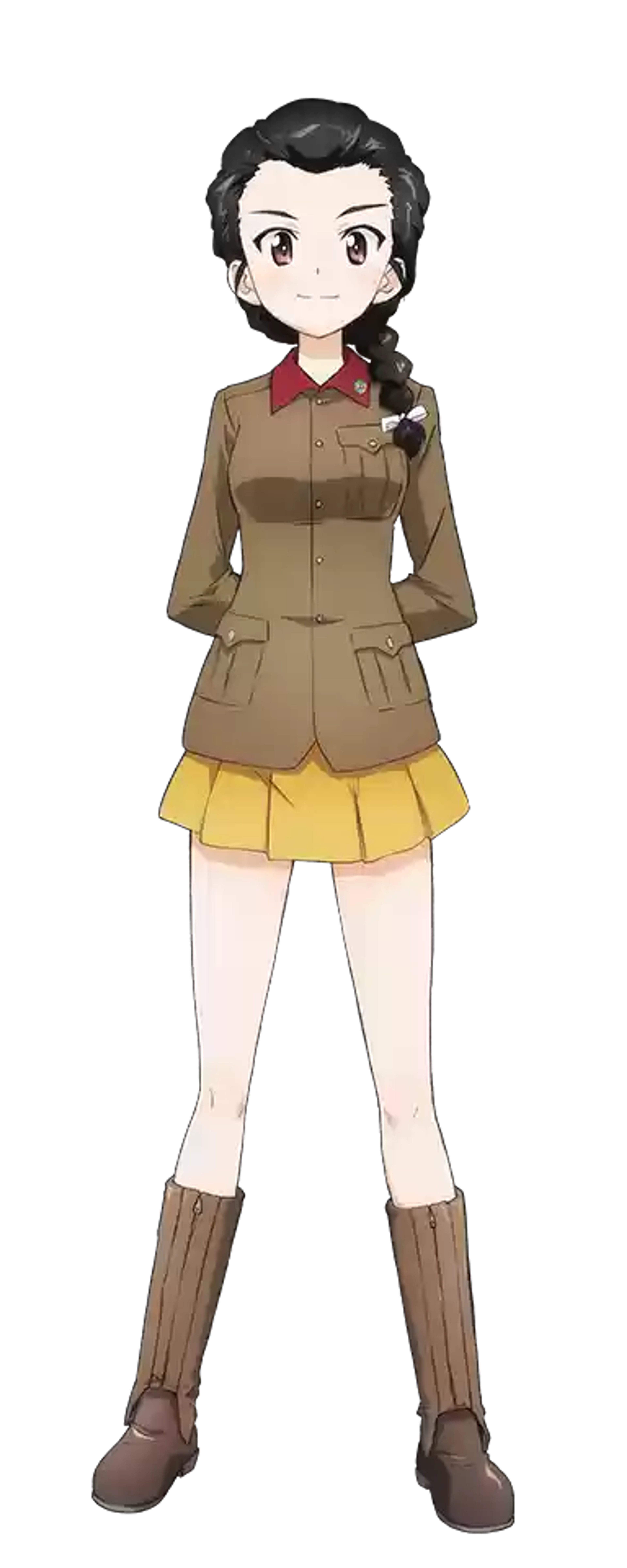 An anime-style character with long black hair, reddish-brown eyes, and a tan military-style jacket with a red collar and yellow skirt.