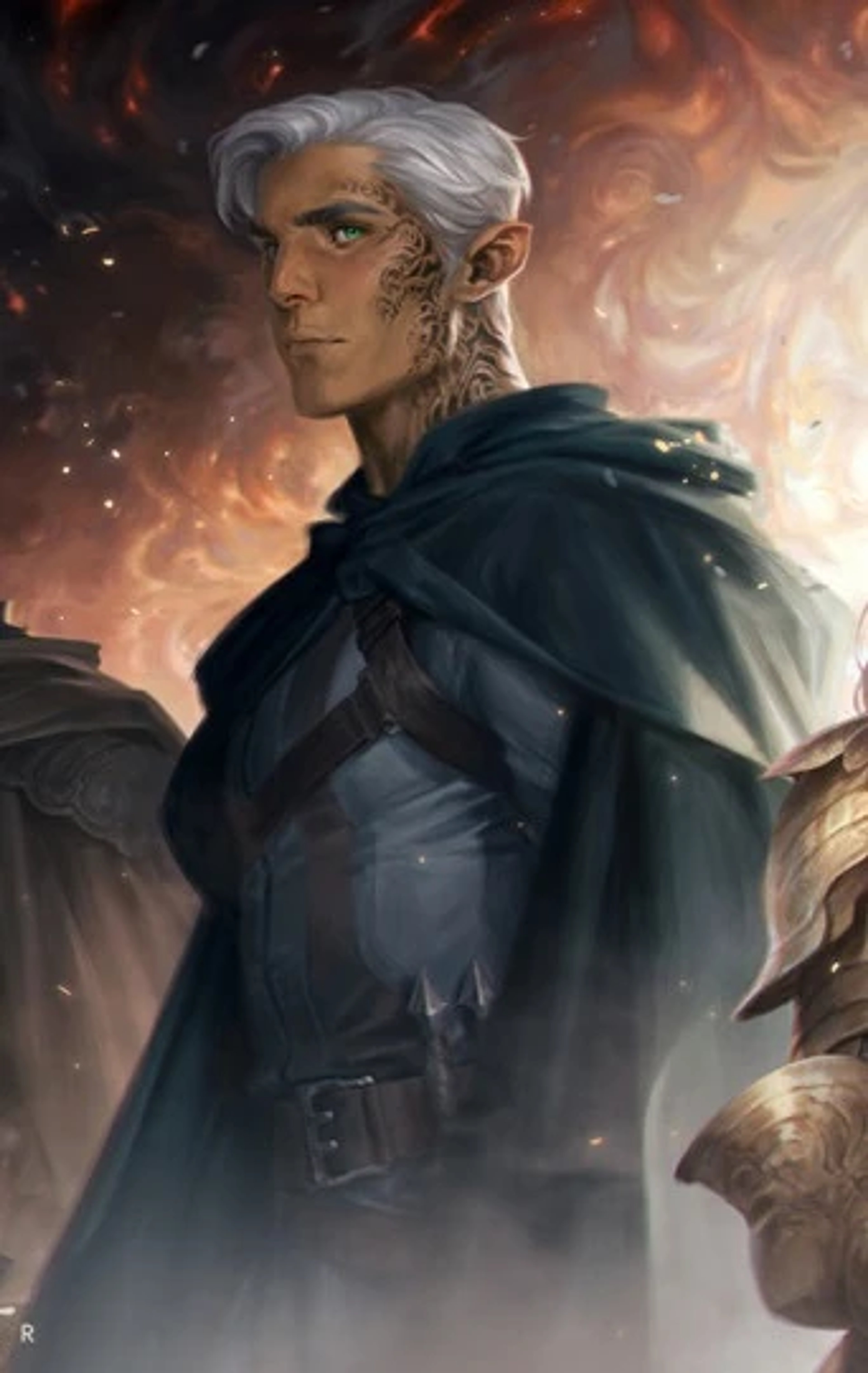 Fae warrior prince with silver hair and green eyes