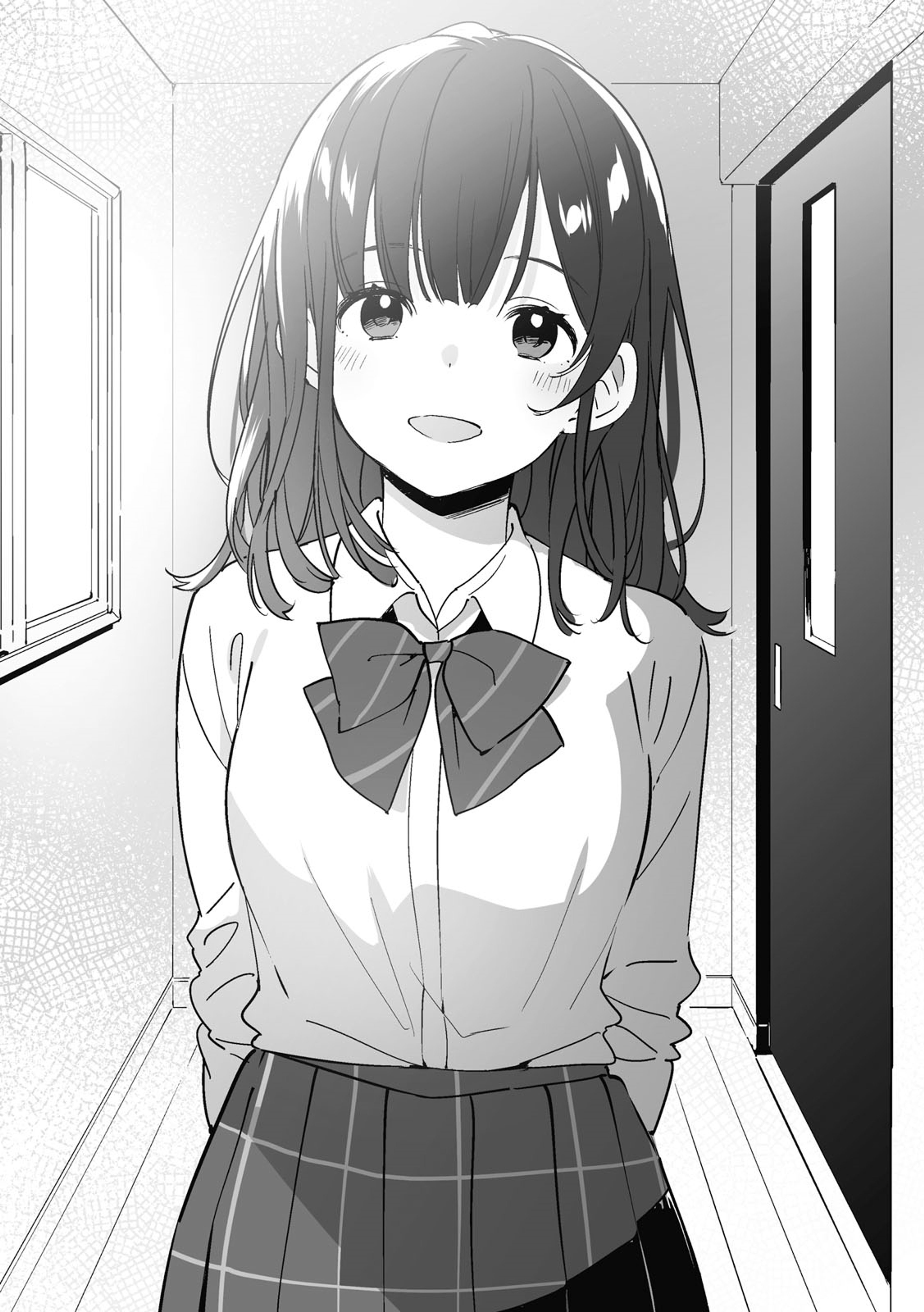 A young woman in a school uniform standing in a hallway