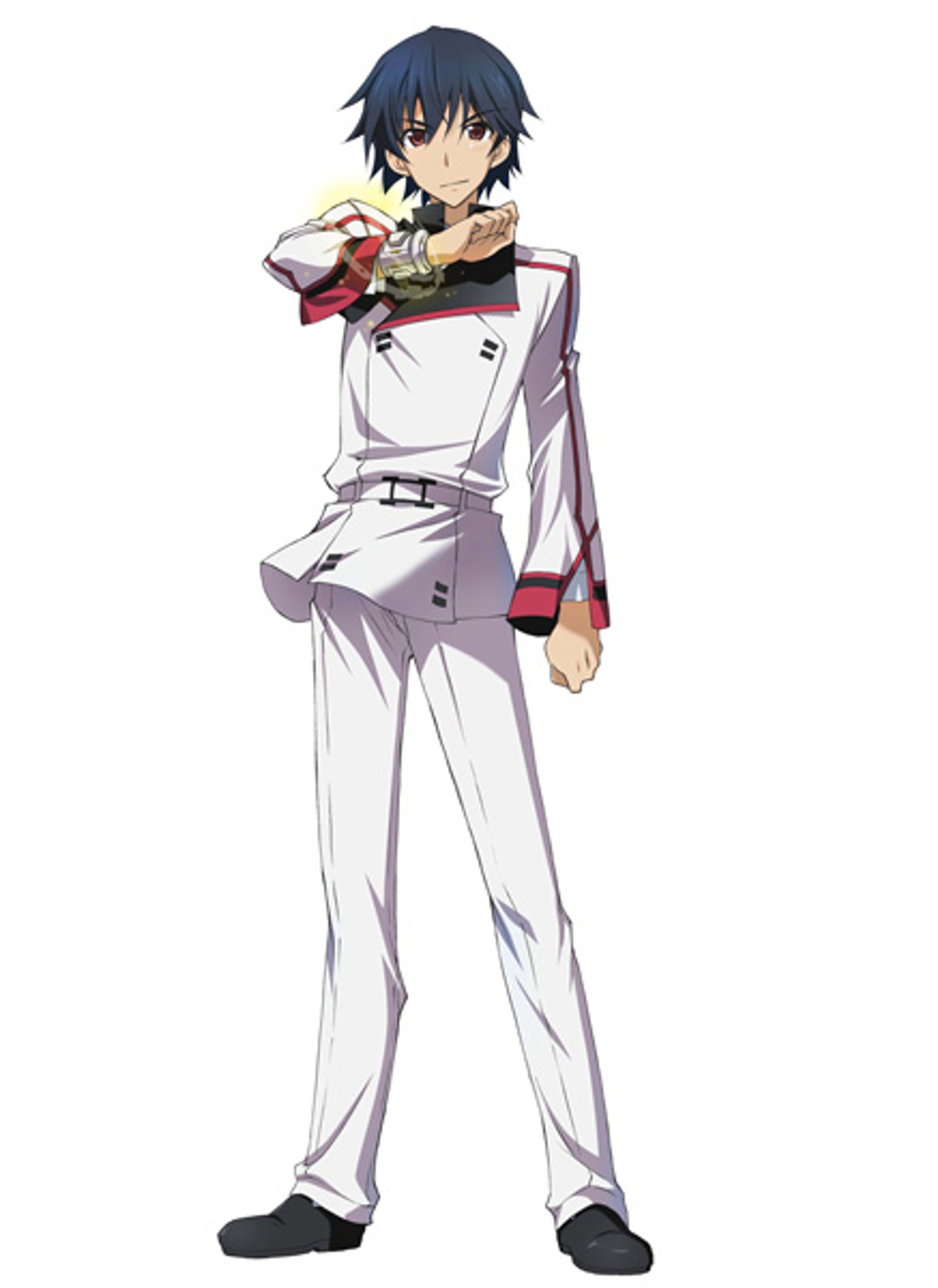 A young male anime character in a white and red school uniform