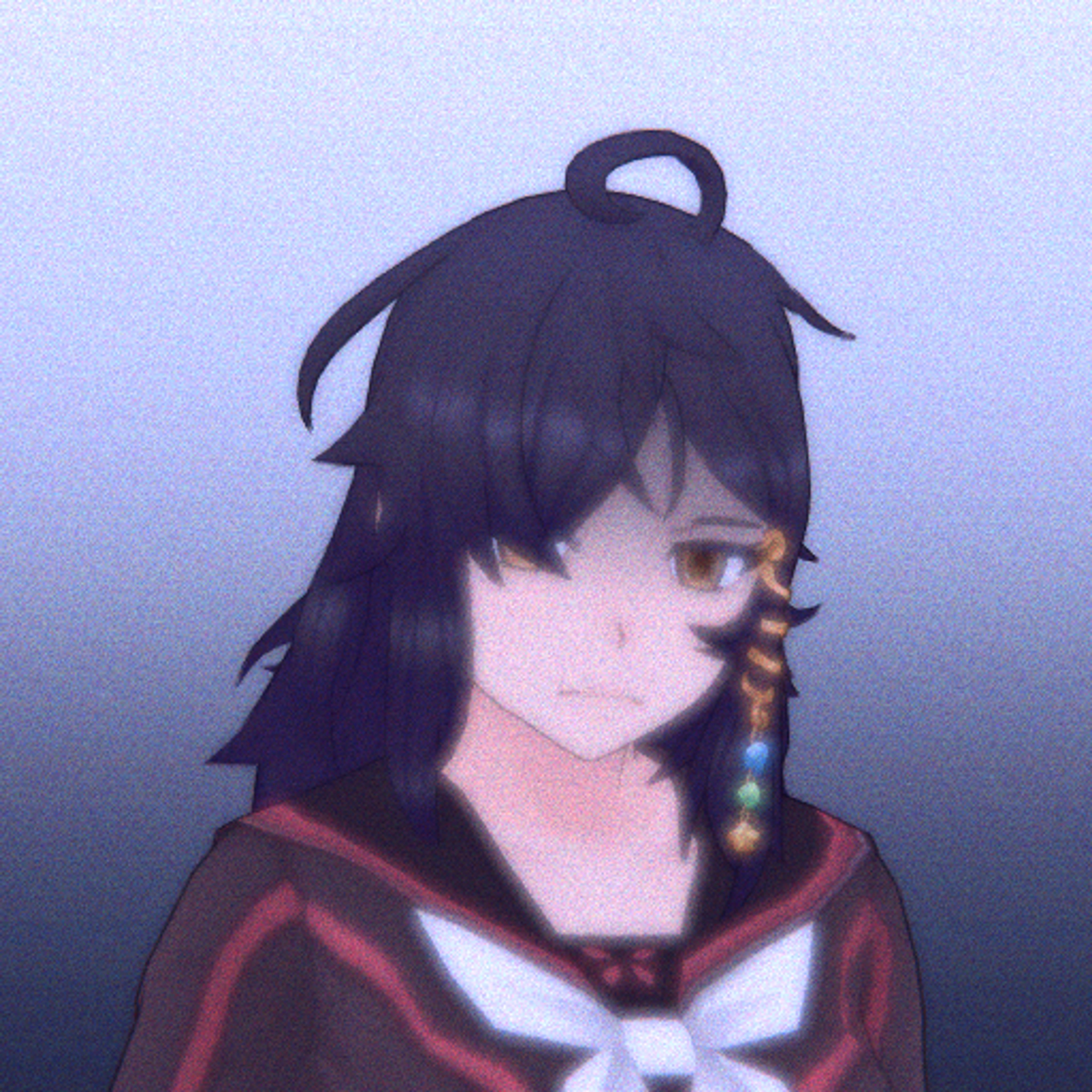 A young woman with messy black hair and a shadowed face, wearing a red and black school uniform with a golden spiral pendant.