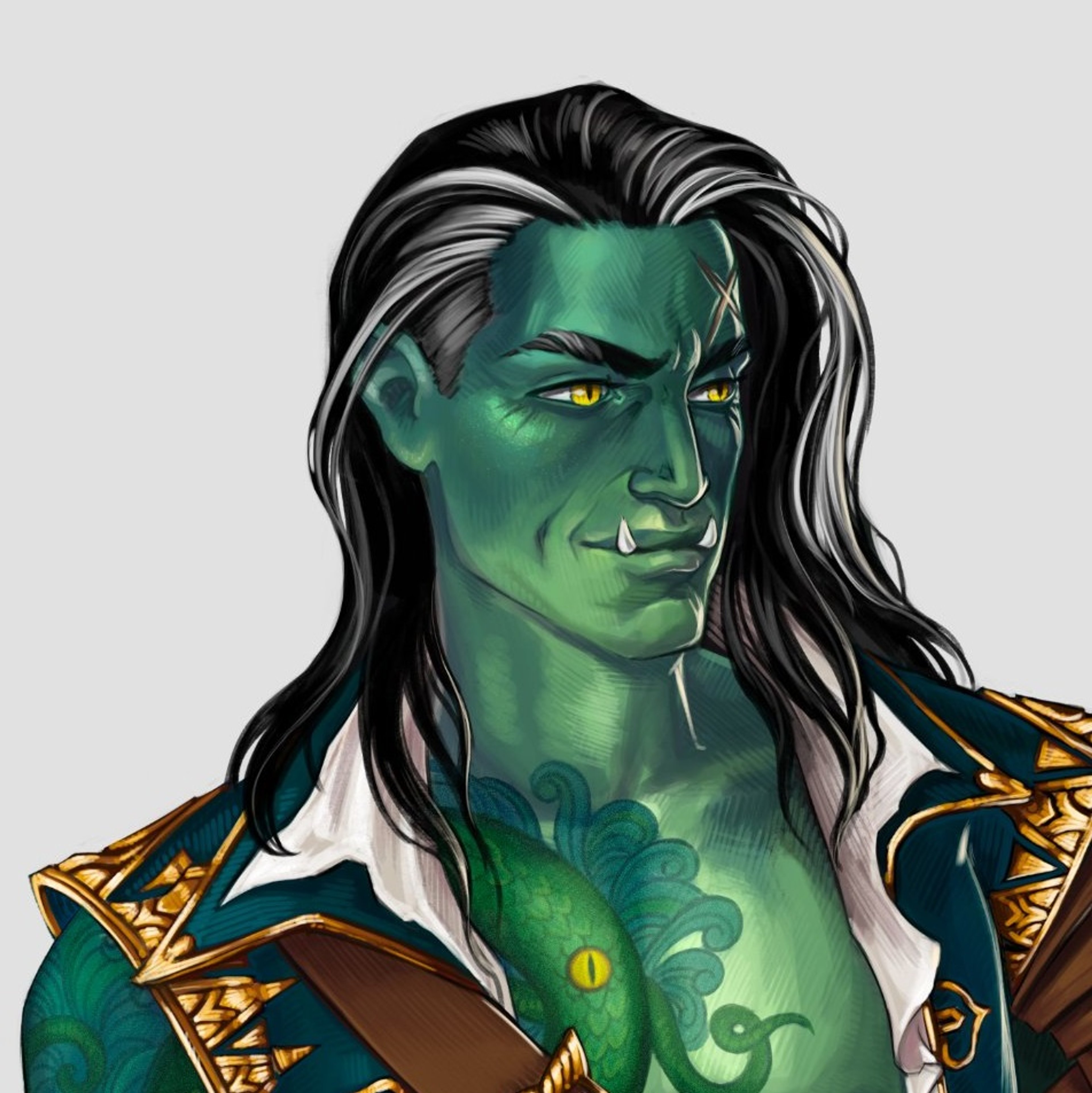 A half-orc warrior character with green skin, long dark hair, and ornate armor holding a sword.
