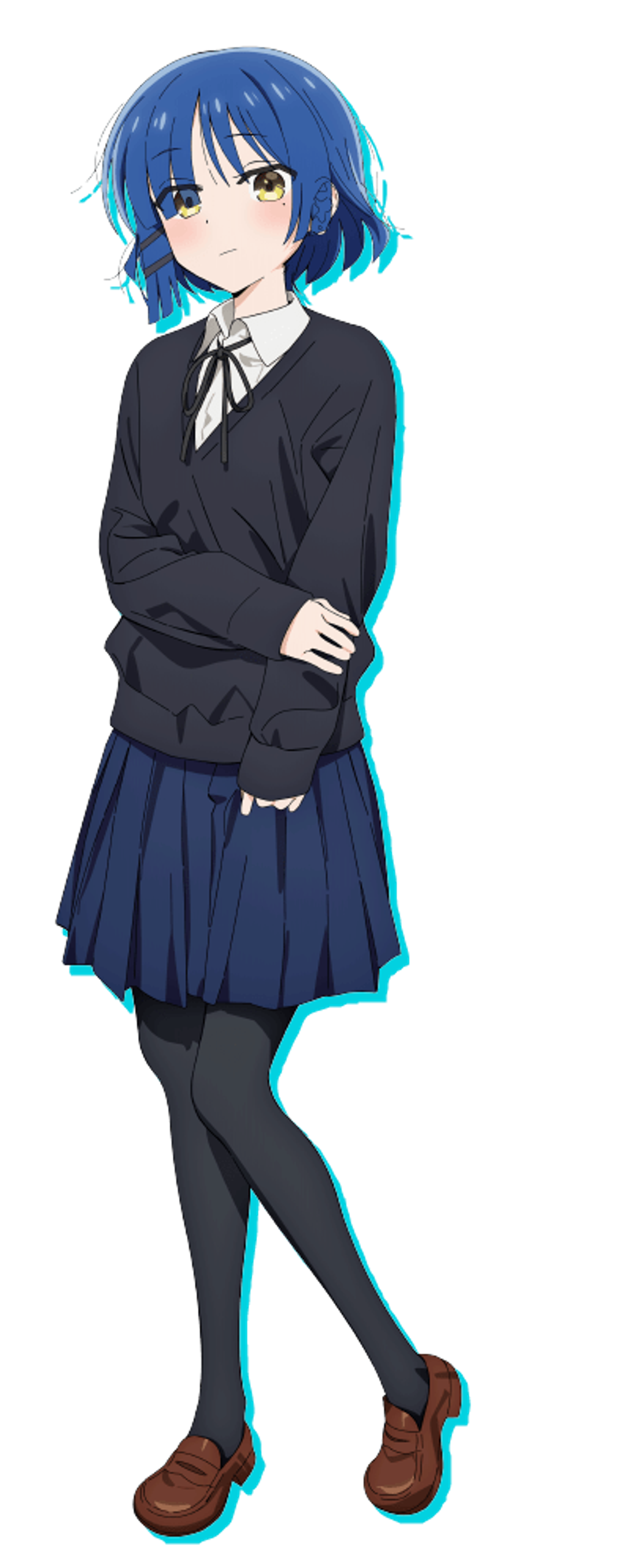 An anime-style character with blue hair wearing a black school uniform