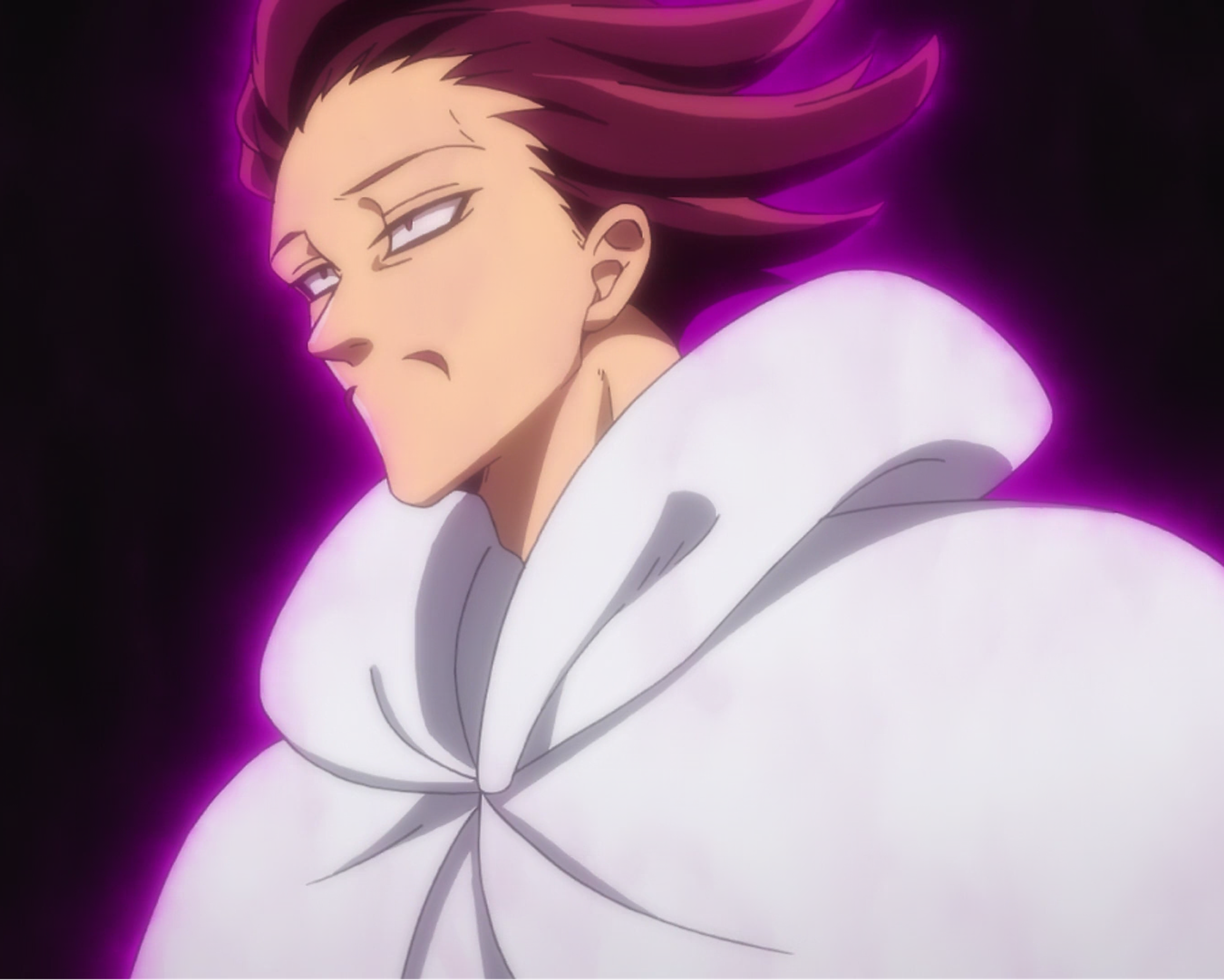 An anime-style character with dark burgundy hair, a small mustache, and a white cloak covering their muscular frame.