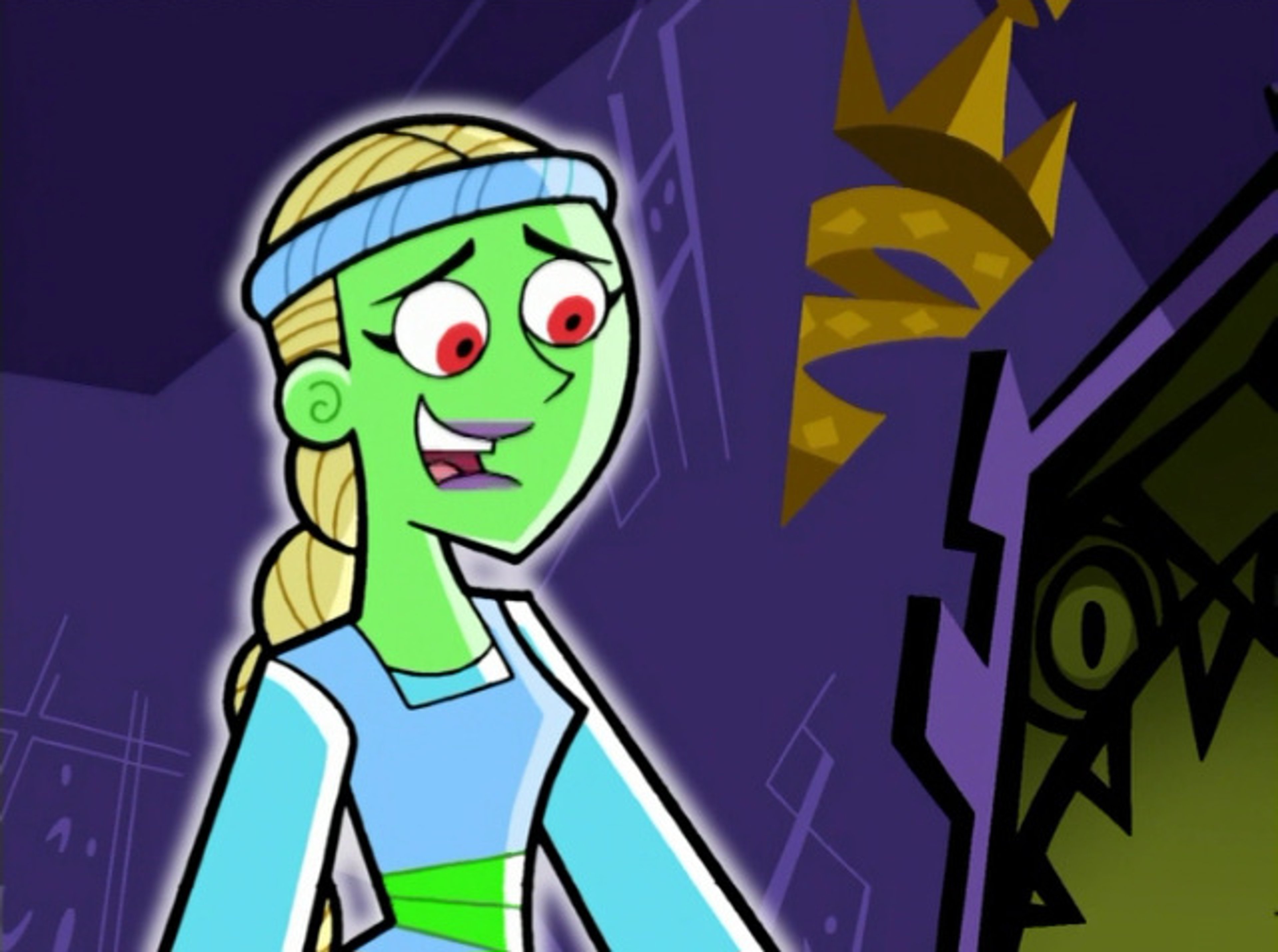 A cartoon-style ghost princess character with green skin, blonde hair, and a blue and white outfit.