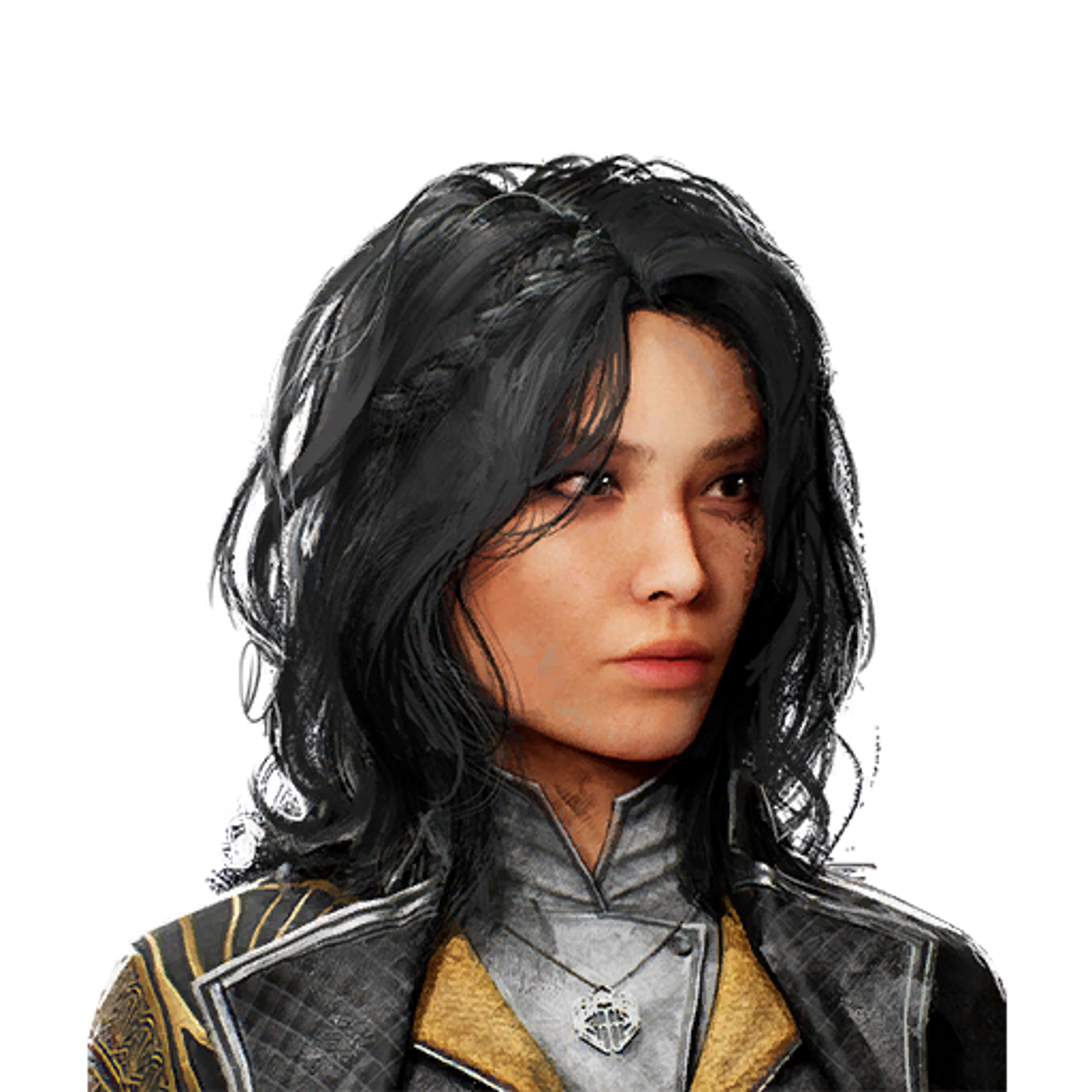 A young woman with dark hair wearing a gray and gold outfit with a serious expression.